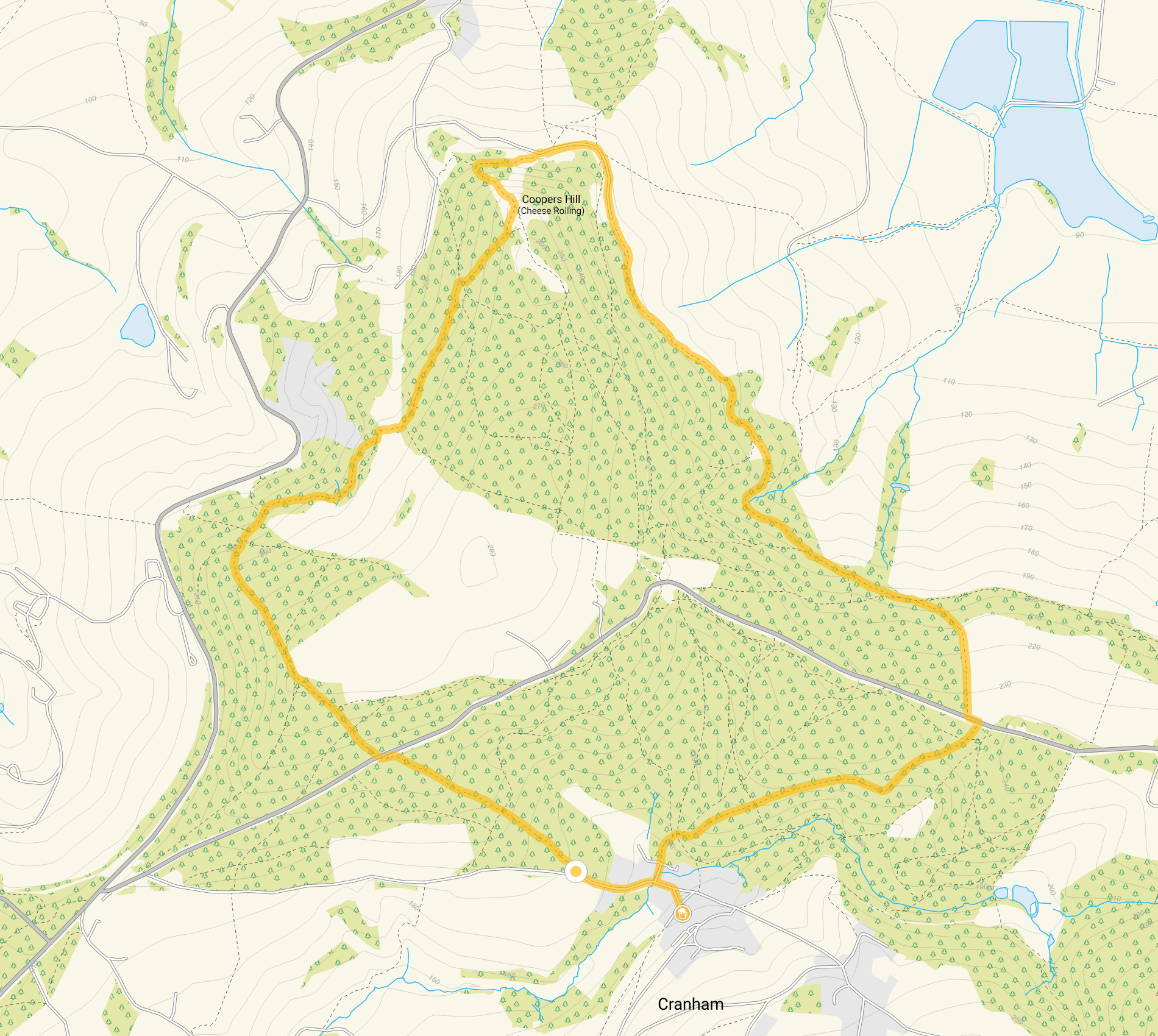 Route map for Cranham & The Cotswold Way Walk, a 3.75 mile circular walk in Gloucestershire