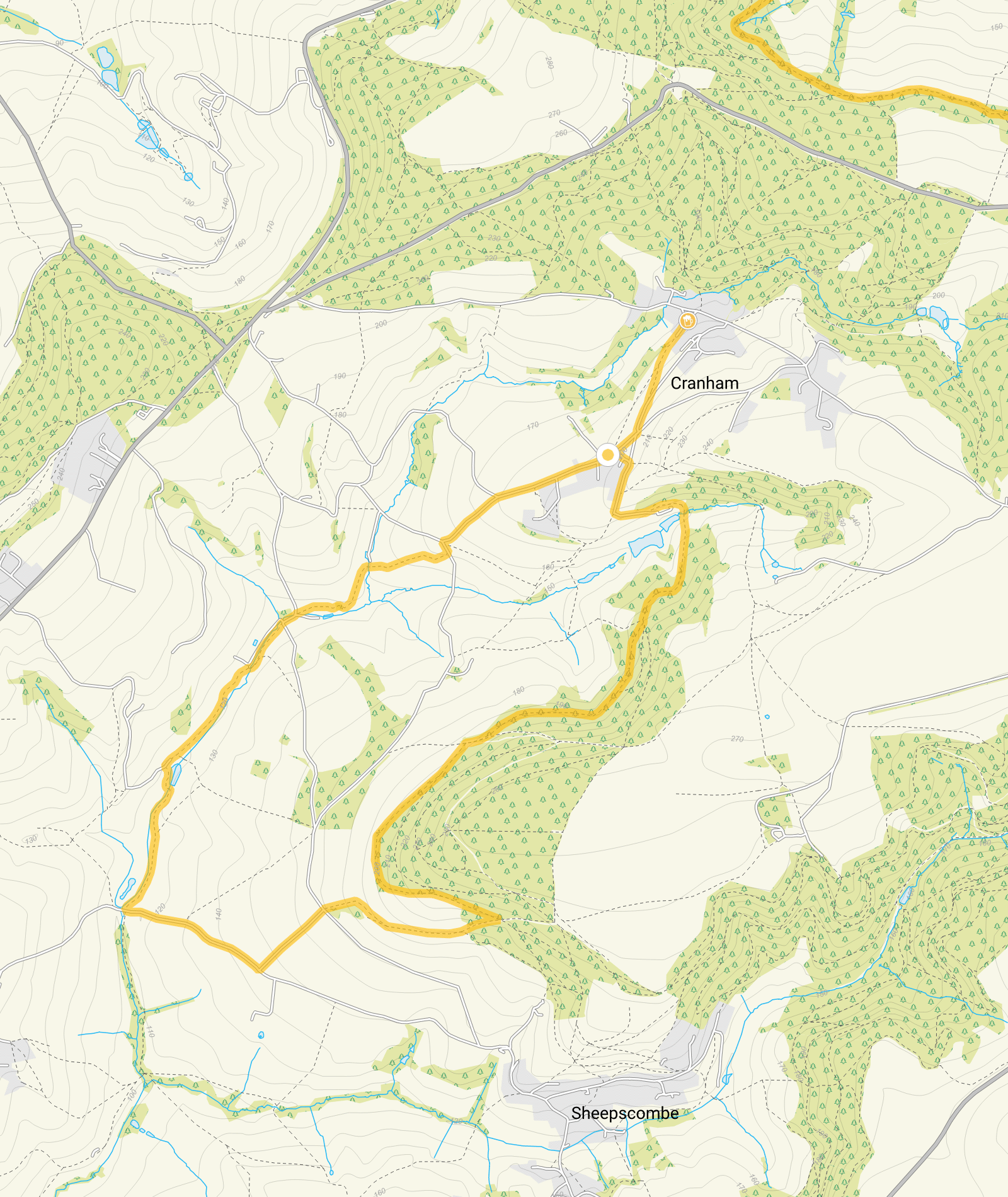 Route map for Cranham Common and Saltridge Wood, a 4.25 mile circular walk in Gloucestershire