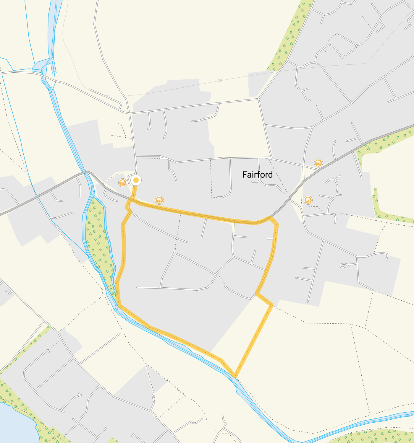 Route map for Fairford Walk 1, a 1 mile circular walk in Gloucestershire