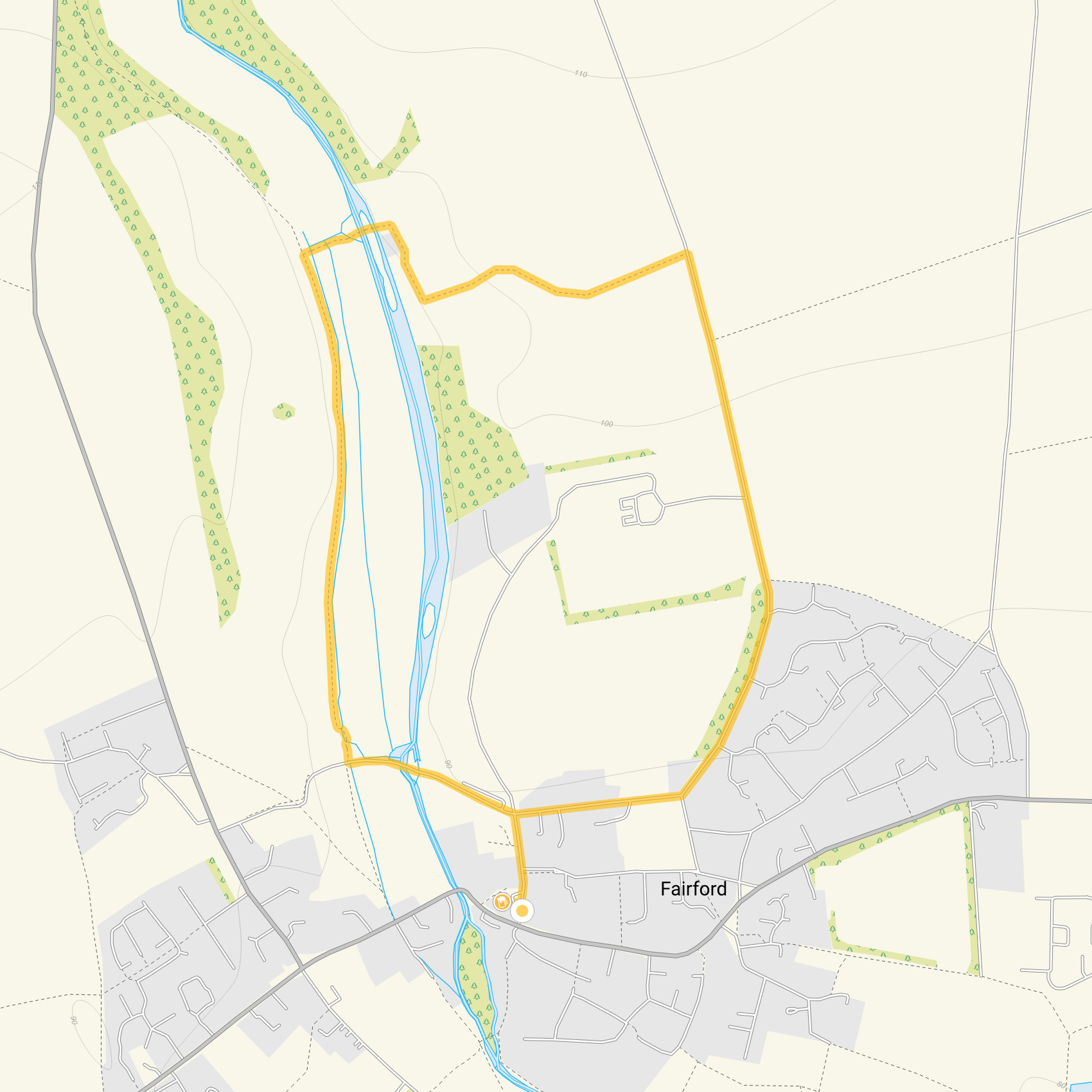 Route map for Fairford Walk 2, a 2.5 mile circular walk in Gloucestershire