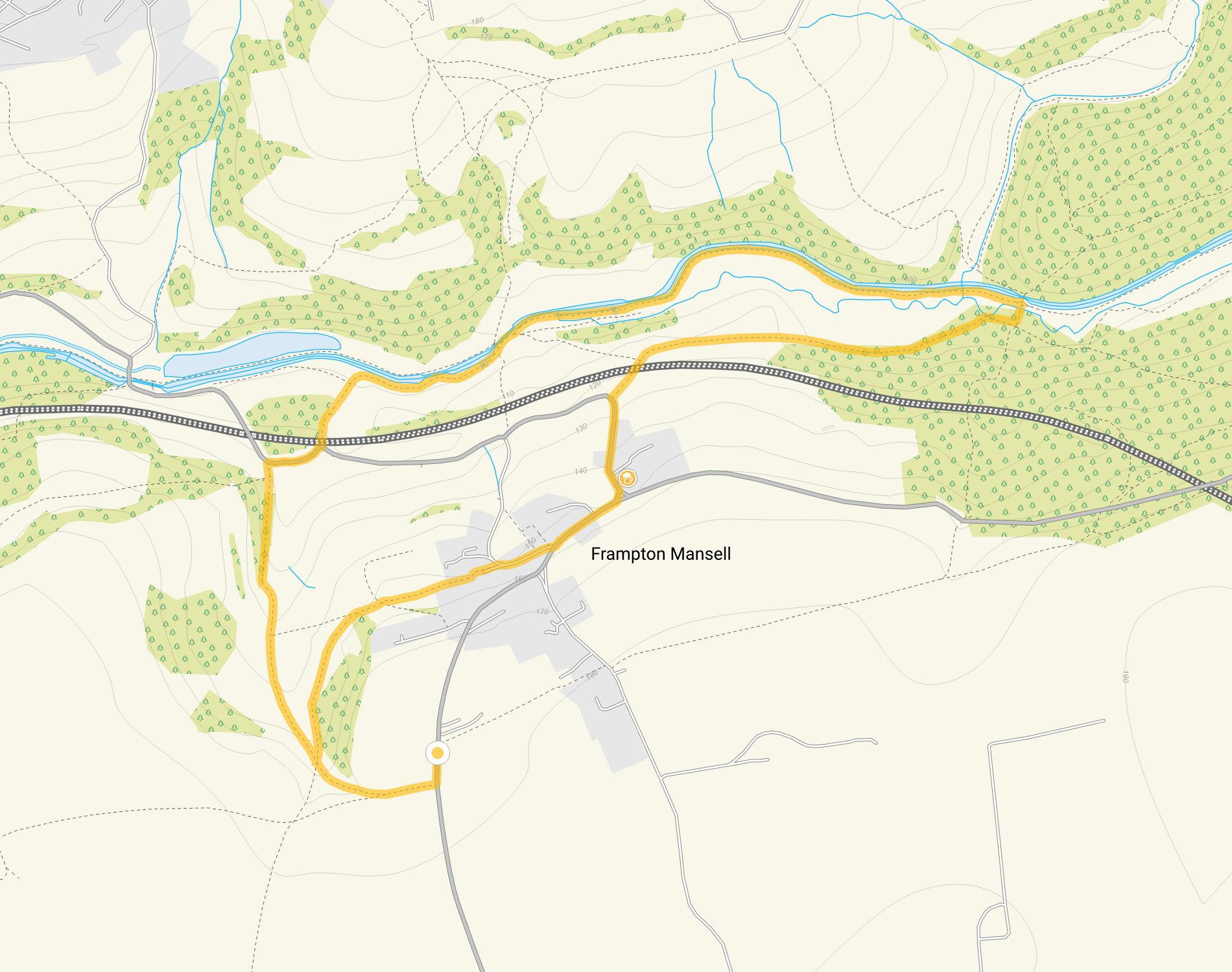 Route map for Frampton Mansell Walk, a 2.5 mile circular walk in Gloucestershire