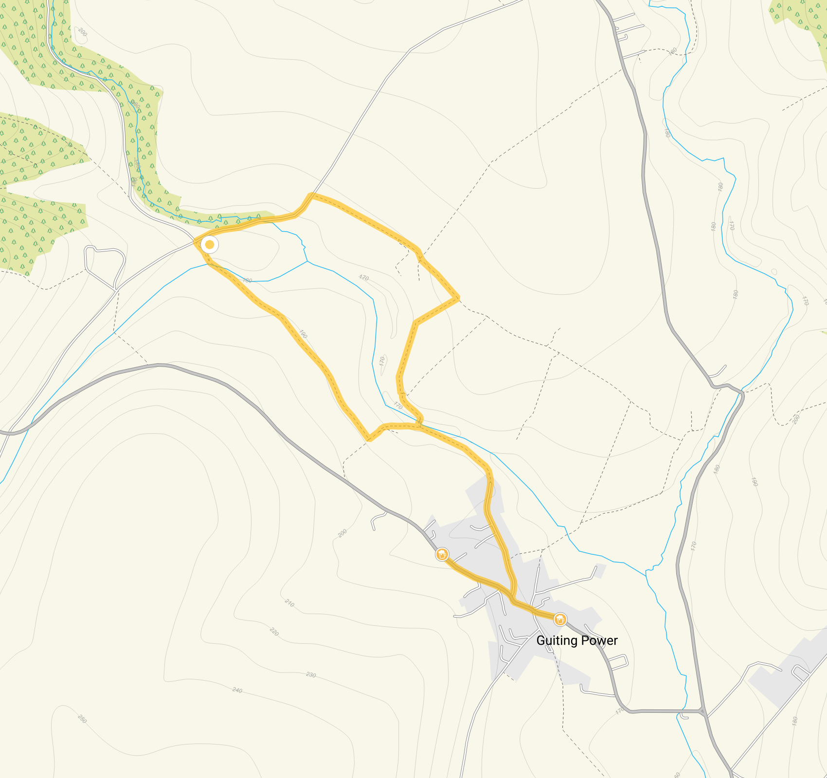 Route map for Guiting Power Walk 1, a 1.5 mile circular walk in Gloucestershire