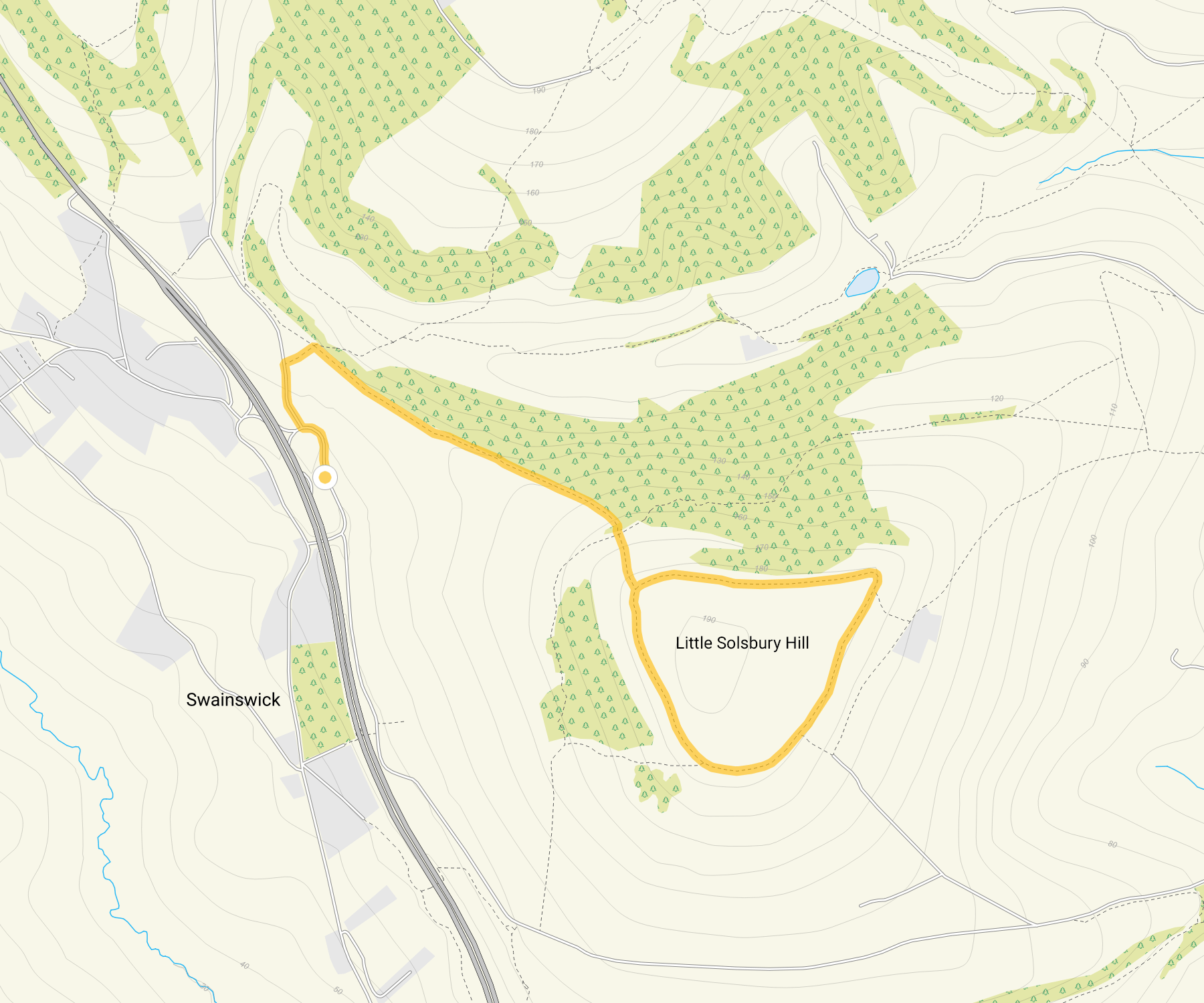 Route map for Little Solsbury Hill Walk, a 1.75 mile circular walk in Gloucestershire