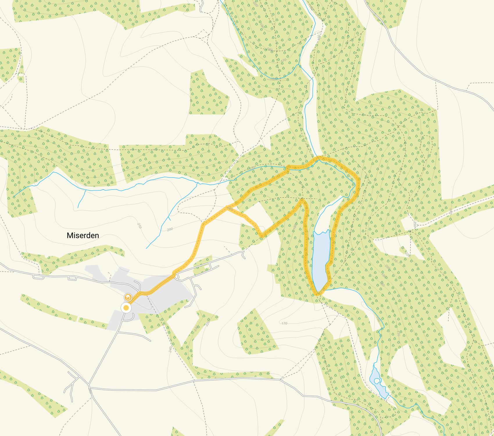 Route map for Miserden Walk 1, a 1.75 mile circular walk in Gloucestershire