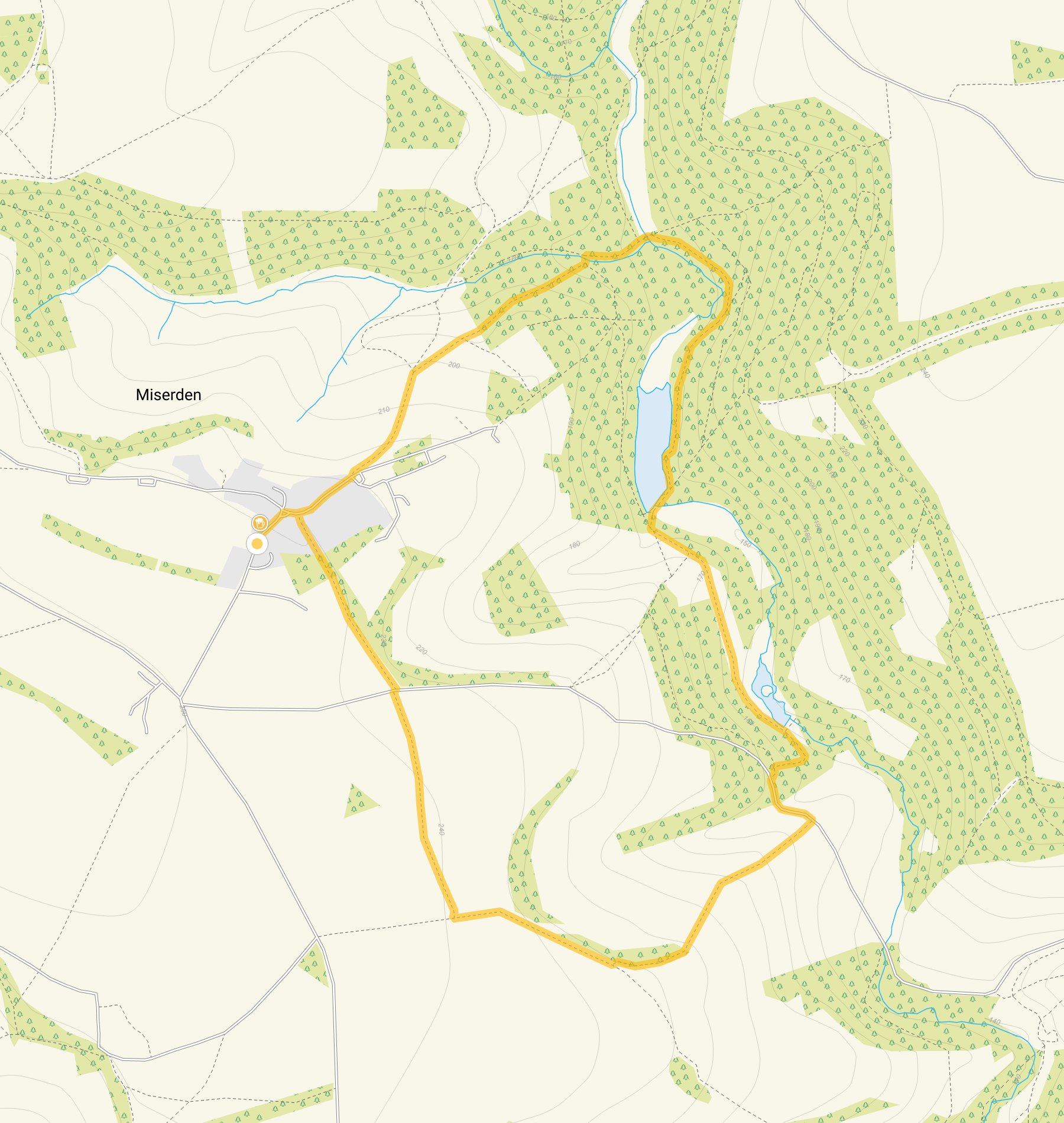 Route map for Miserden Walk 2, a 2.5 mile circular walk in Gloucestershire