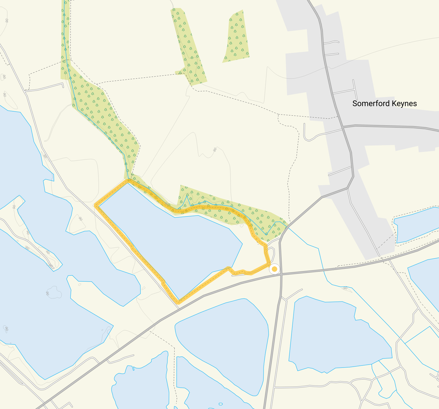 Route map for Neigh Bridge Country Park Walk, a 0.75 mile circular walk in Gloucestershire