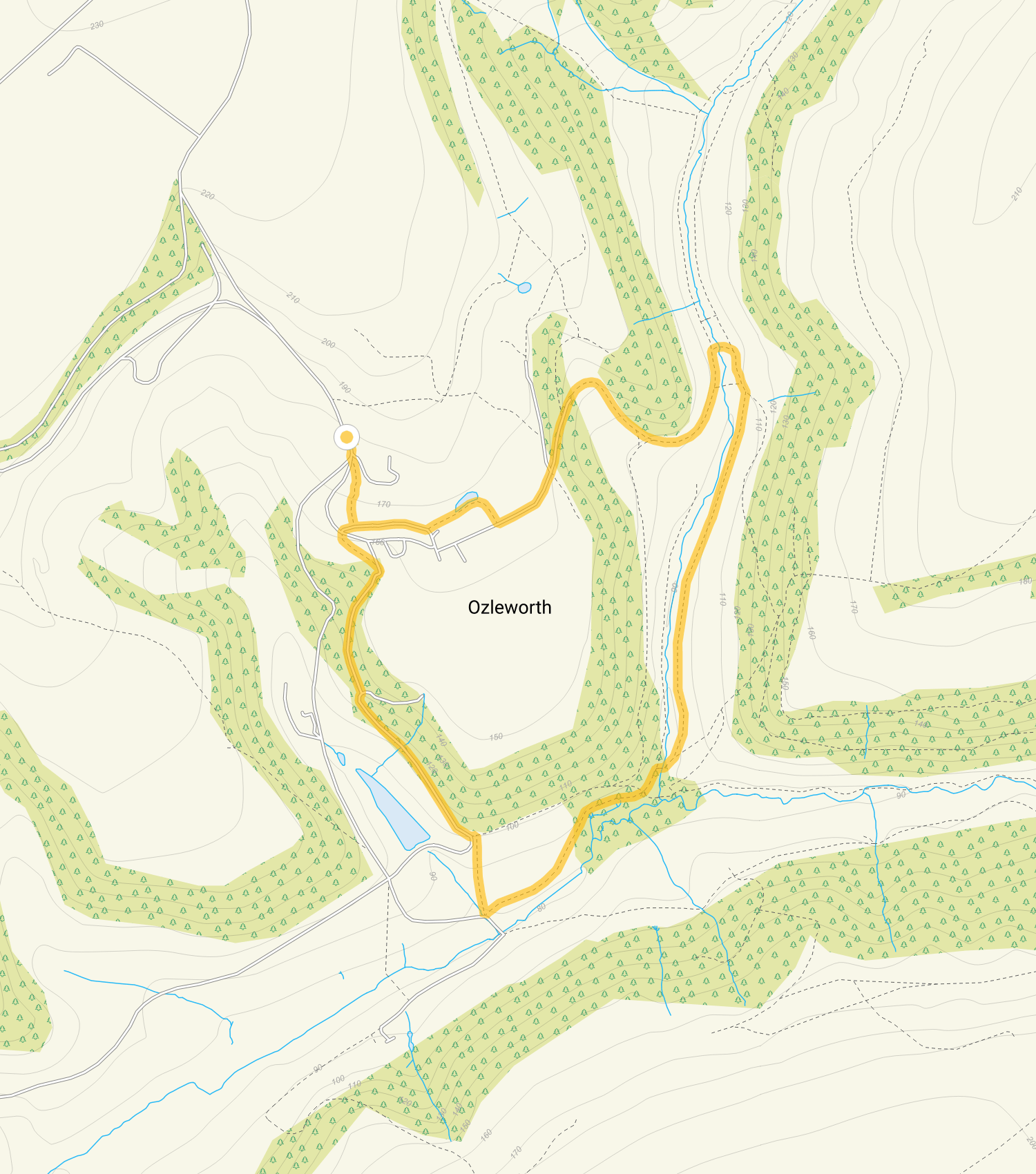 Route map for Ozleworth Walk 1, a 2.25 mile circular walk in Gloucestershire