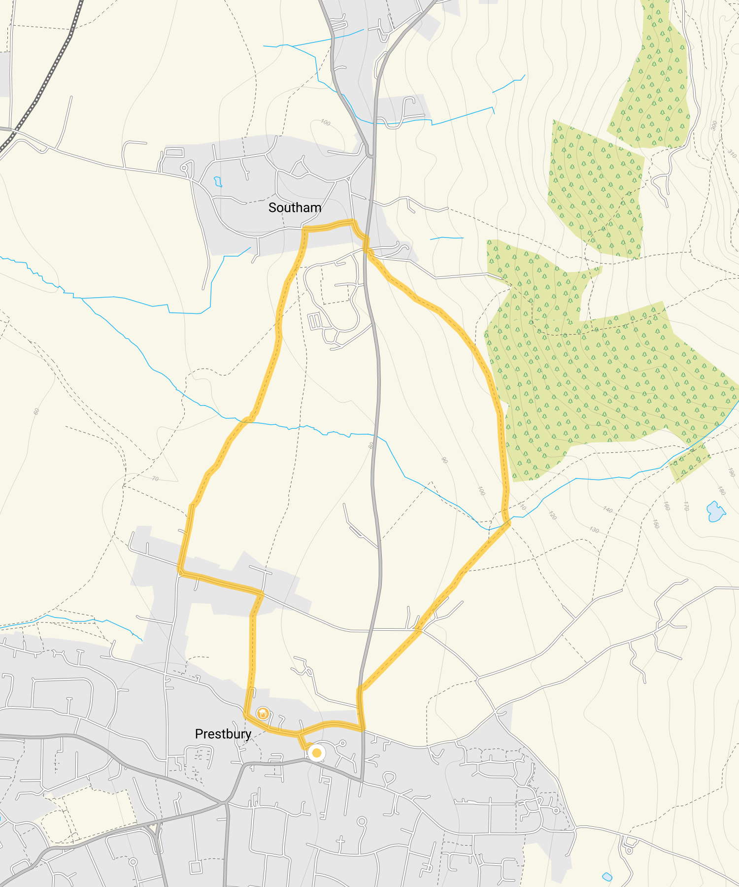 Route map for Prestbury Walk, a 2.75 mile circular walk in Gloucestershire