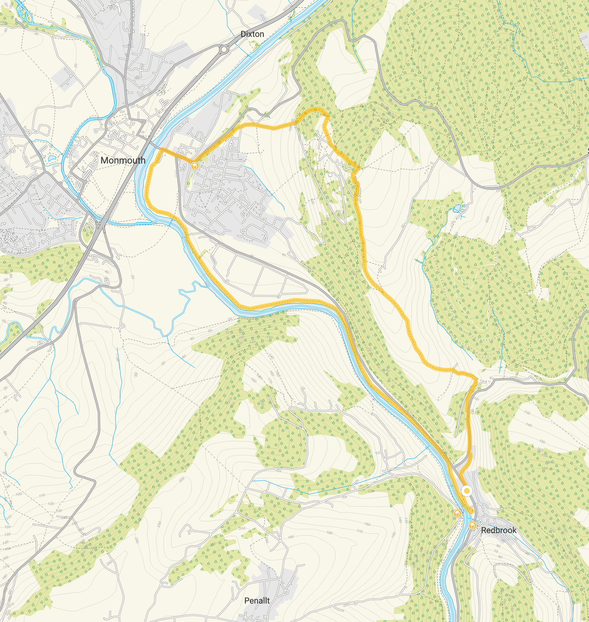 Route map for Redbrook and The Kymin, a 6.25 mile circular walk in Gloucestershire