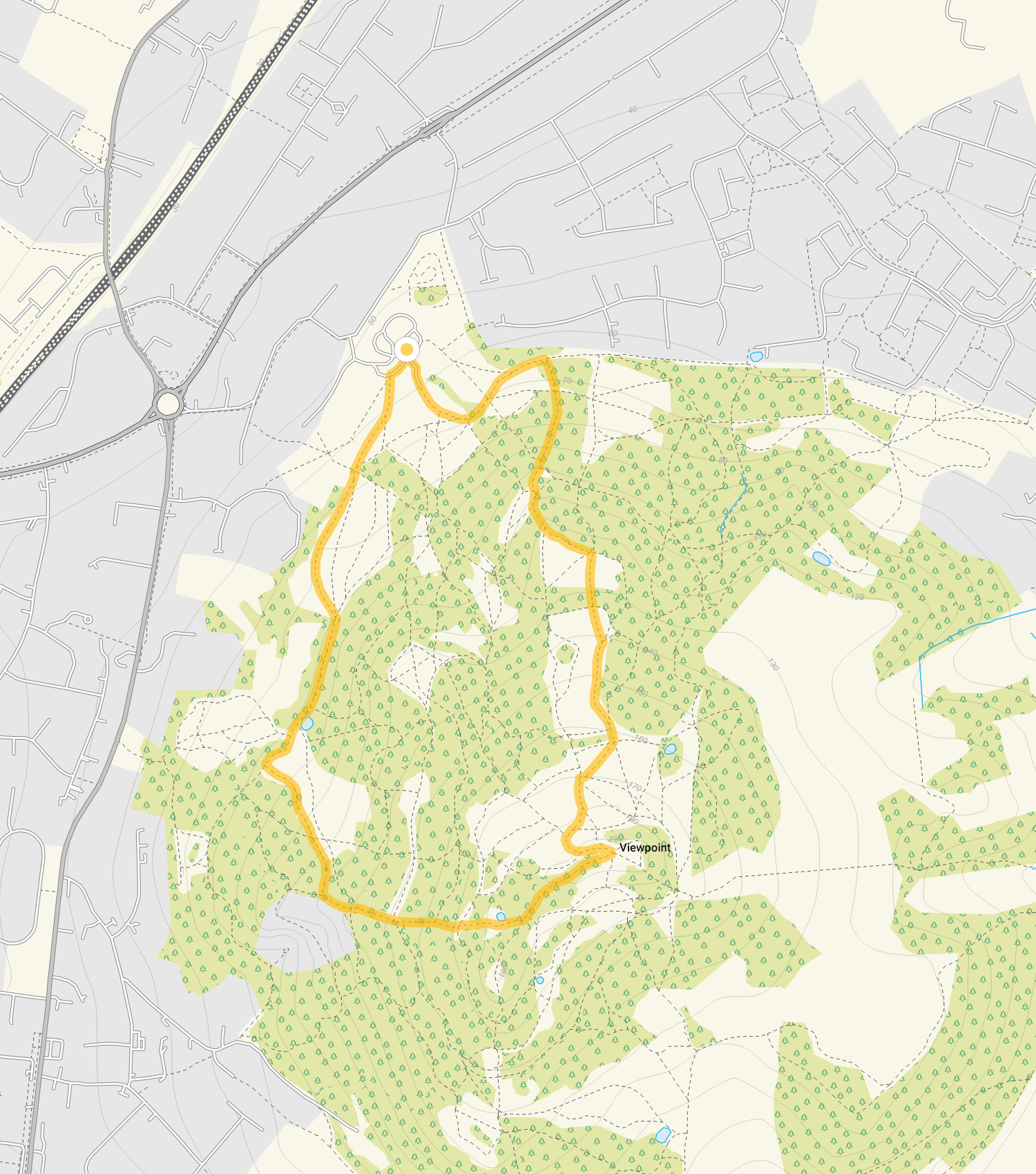 Route map for Robinswood Hill Walk, a 1.75 mile circular walk in Gloucestershire