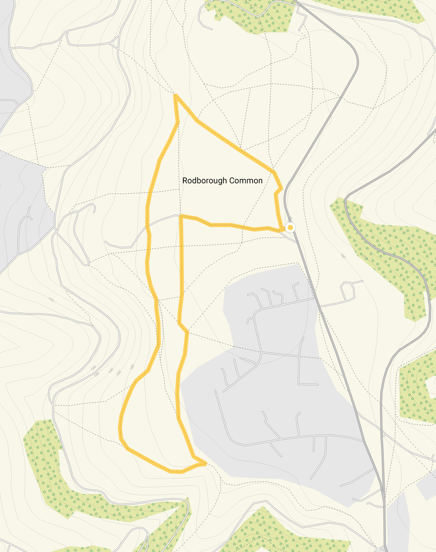 Route map for Rodborough Common Walk, a 1.5 mile circular walk in Gloucestershire