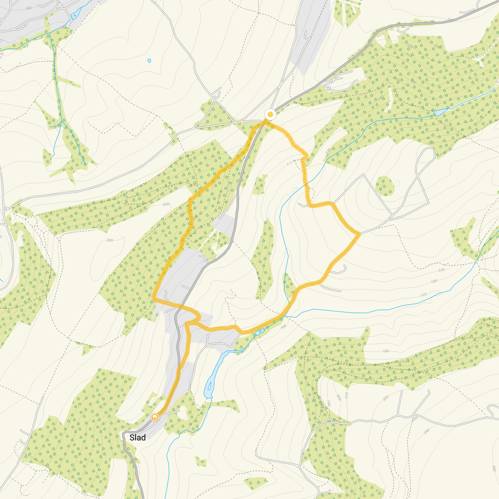 Route map for Slad Valley Walk 1, a 2.25 mile circular walk in Gloucestershire