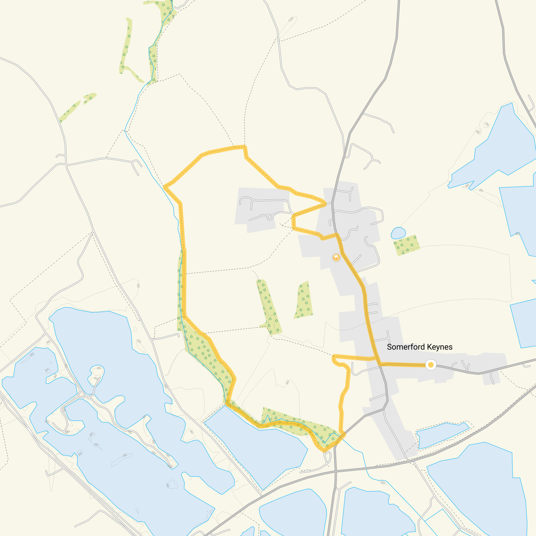 Route map for Somerford Keynes Walk, a 2.25 mile circular walk in Gloucestershire