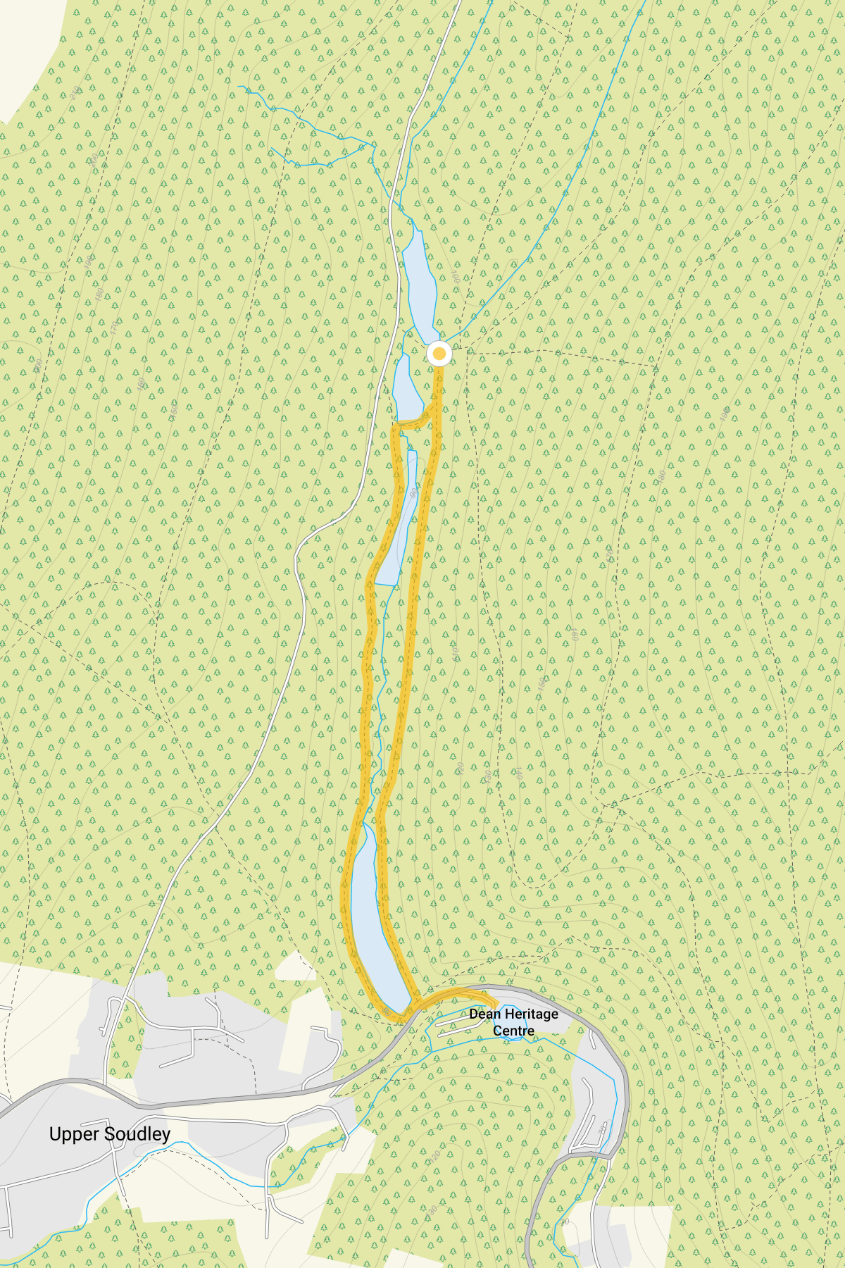 Route map for Soudley Ponds Walk 1, a 1.25 mile circular walk in Gloucestershire