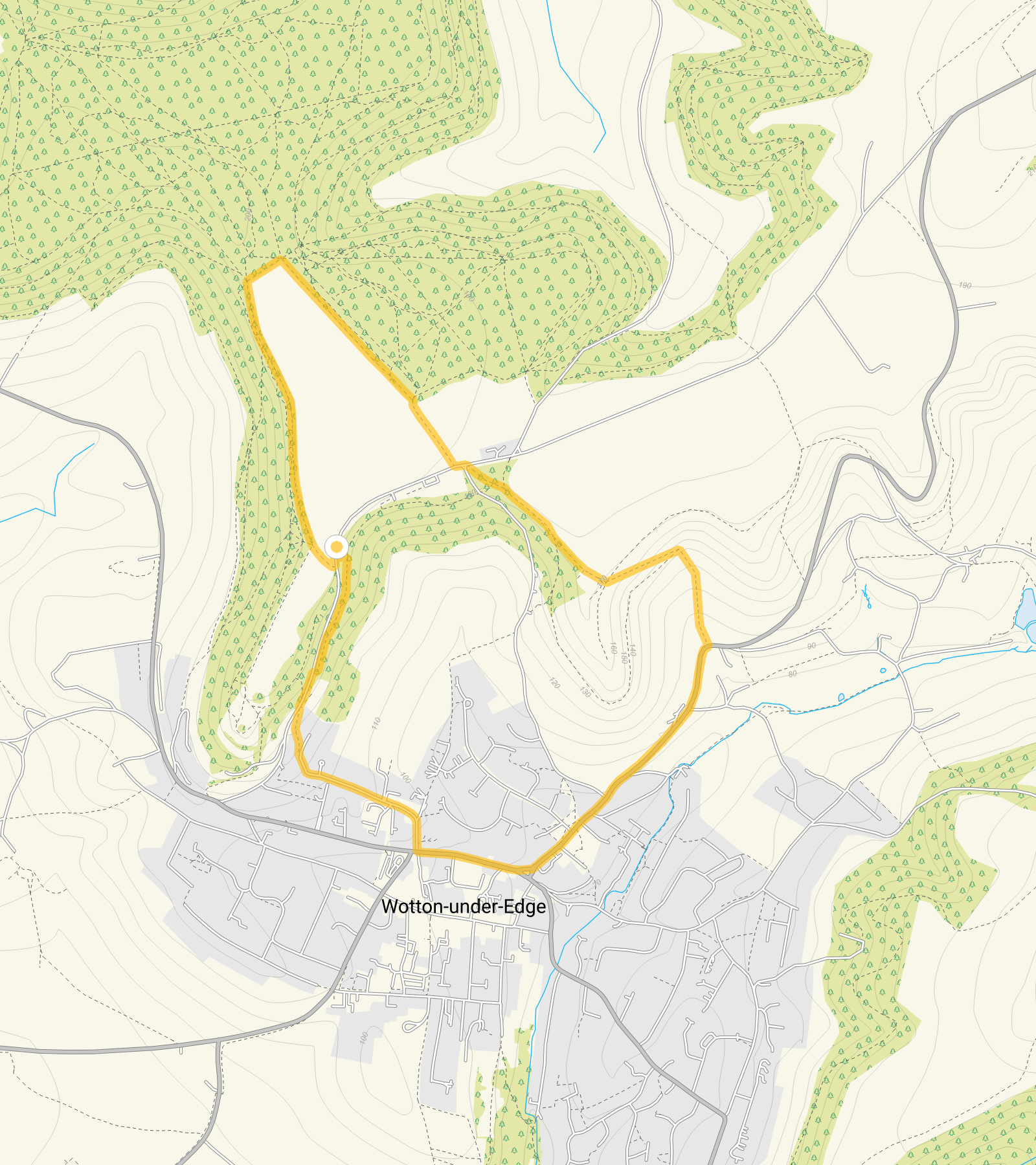 Route map for Wotton-under-Edge Walk 1, a 2.5 mile circular walk in Gloucestershire
