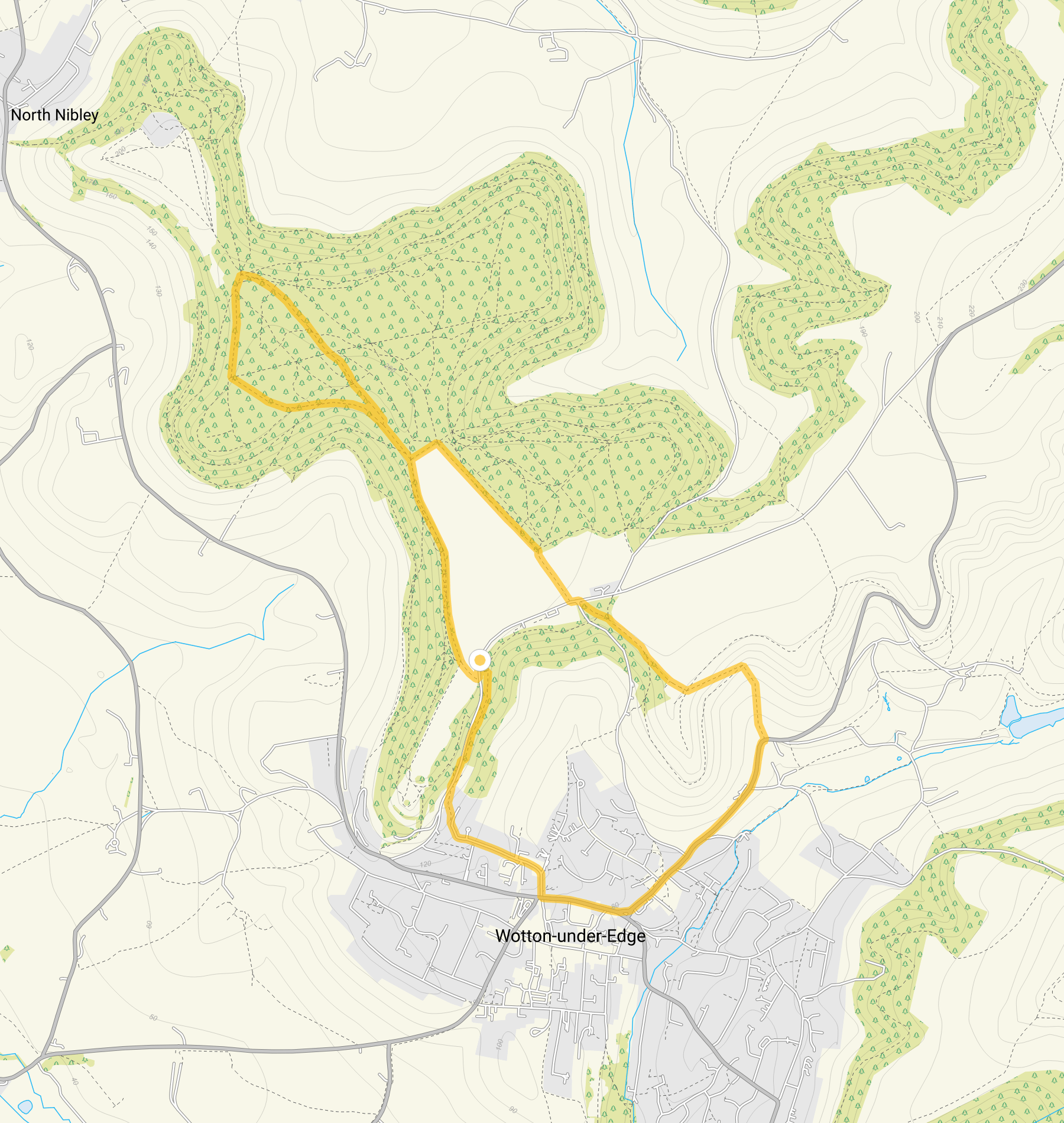 Route map for Wotton-under-Edge Walk 2, a 3.75 mile circular walk in Gloucestershire