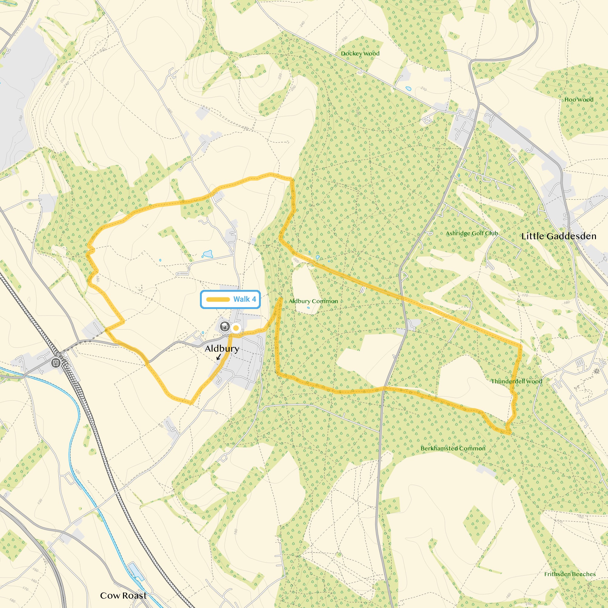 Route map for Walk 4, a 7 mile circular walk in Hertfordshire