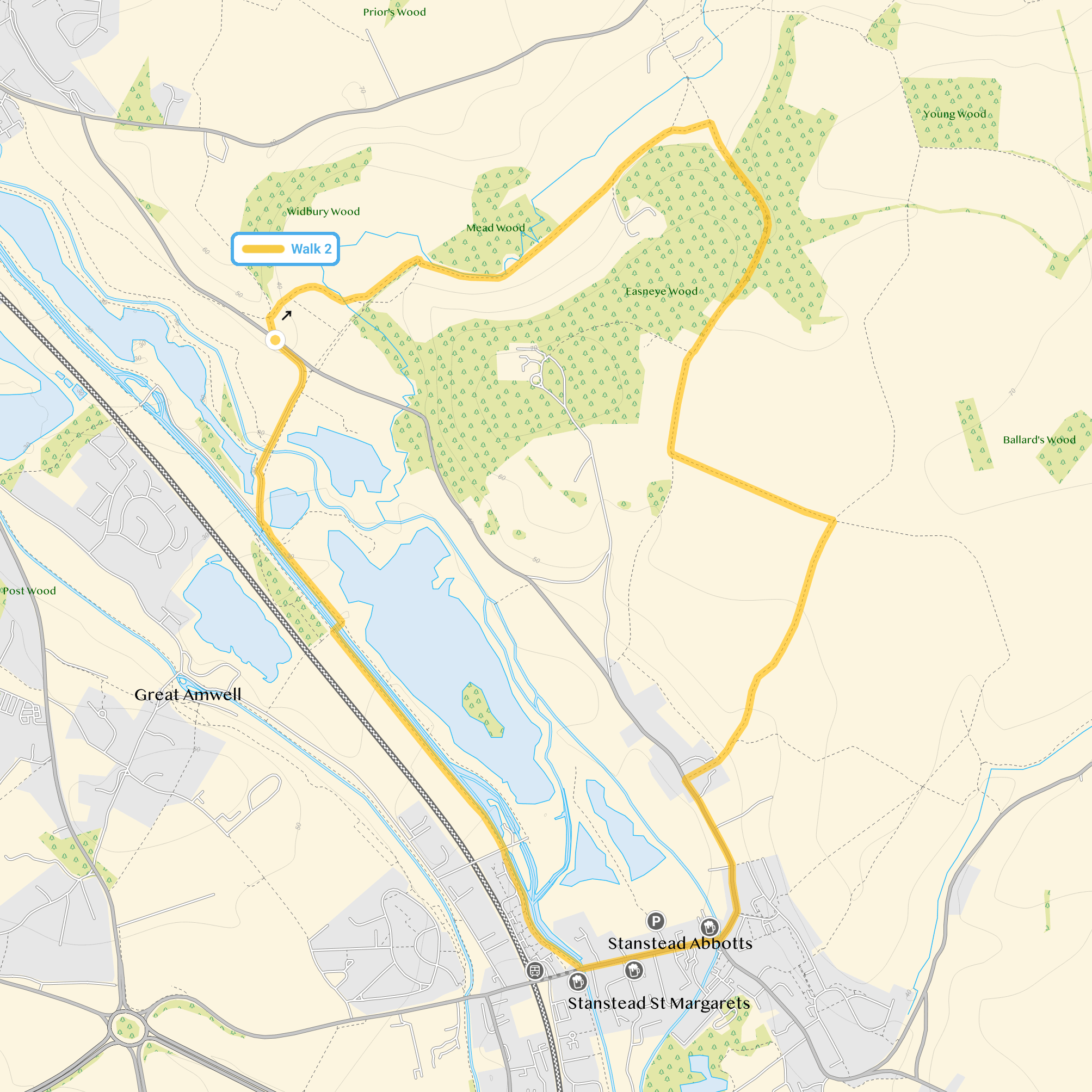 Route map for Amwell Nature Reserve Walk 2, a 4.25 mile circular walk in Hertfordshire