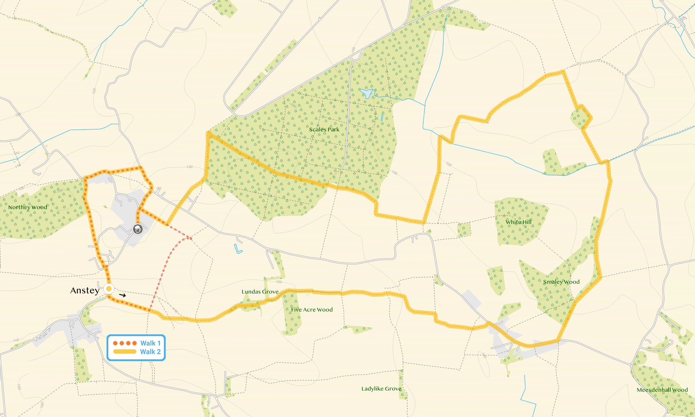 Route map for Anstey Walk 1, a 1.75 mile circular walk in Hertfordshire