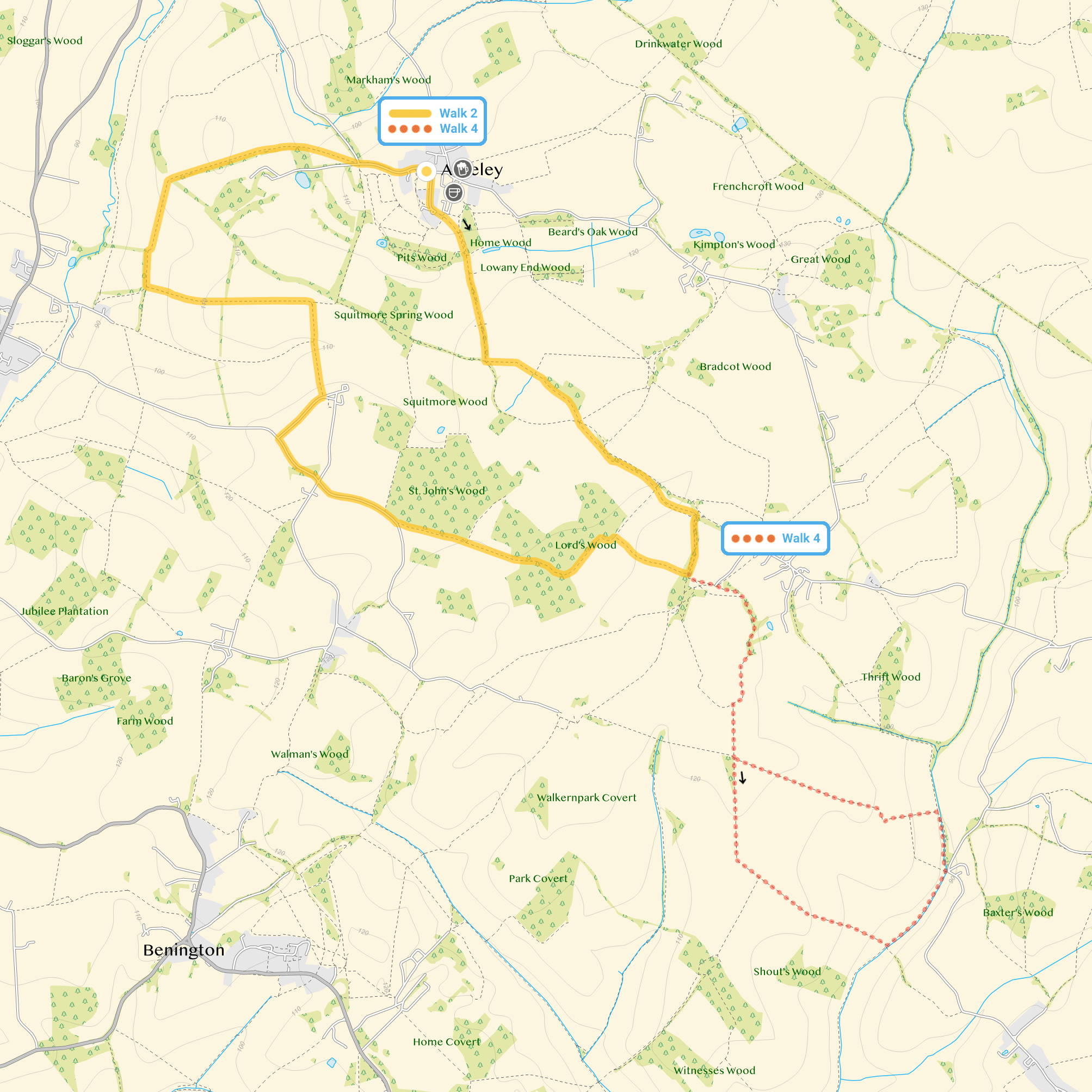 Route map for Ardeley Walk 2, a 5 mile circular walk in Hertfordshire