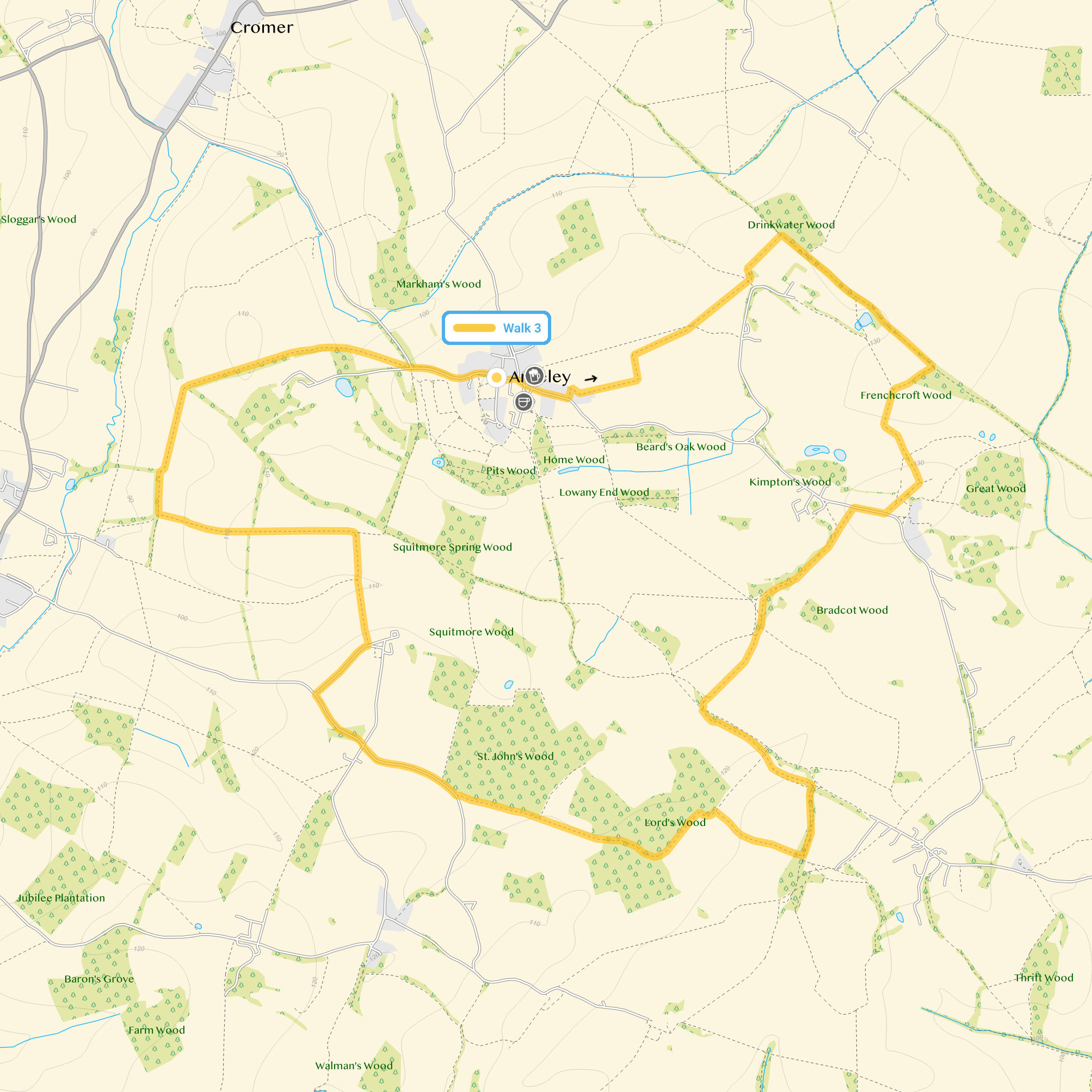 Route map for Ardeley Walk 3, a 6.5 mile circular walk in Hertfordshire