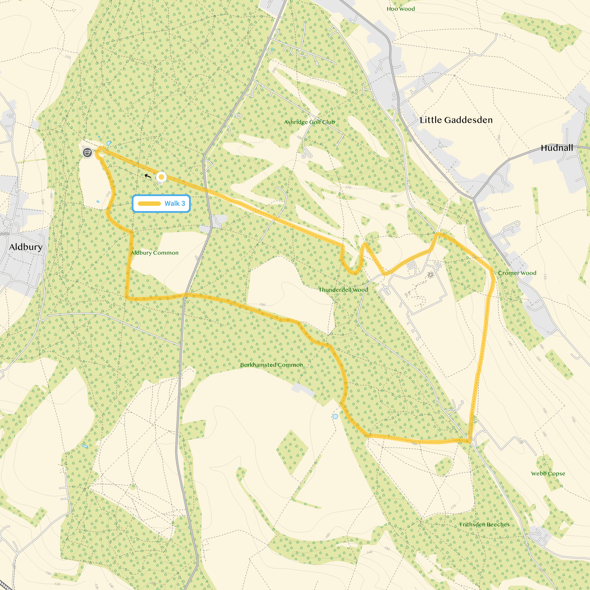 Route map for Ashridge Estate Walk 3, a 5.5 mile circular walk in Hertfordshire