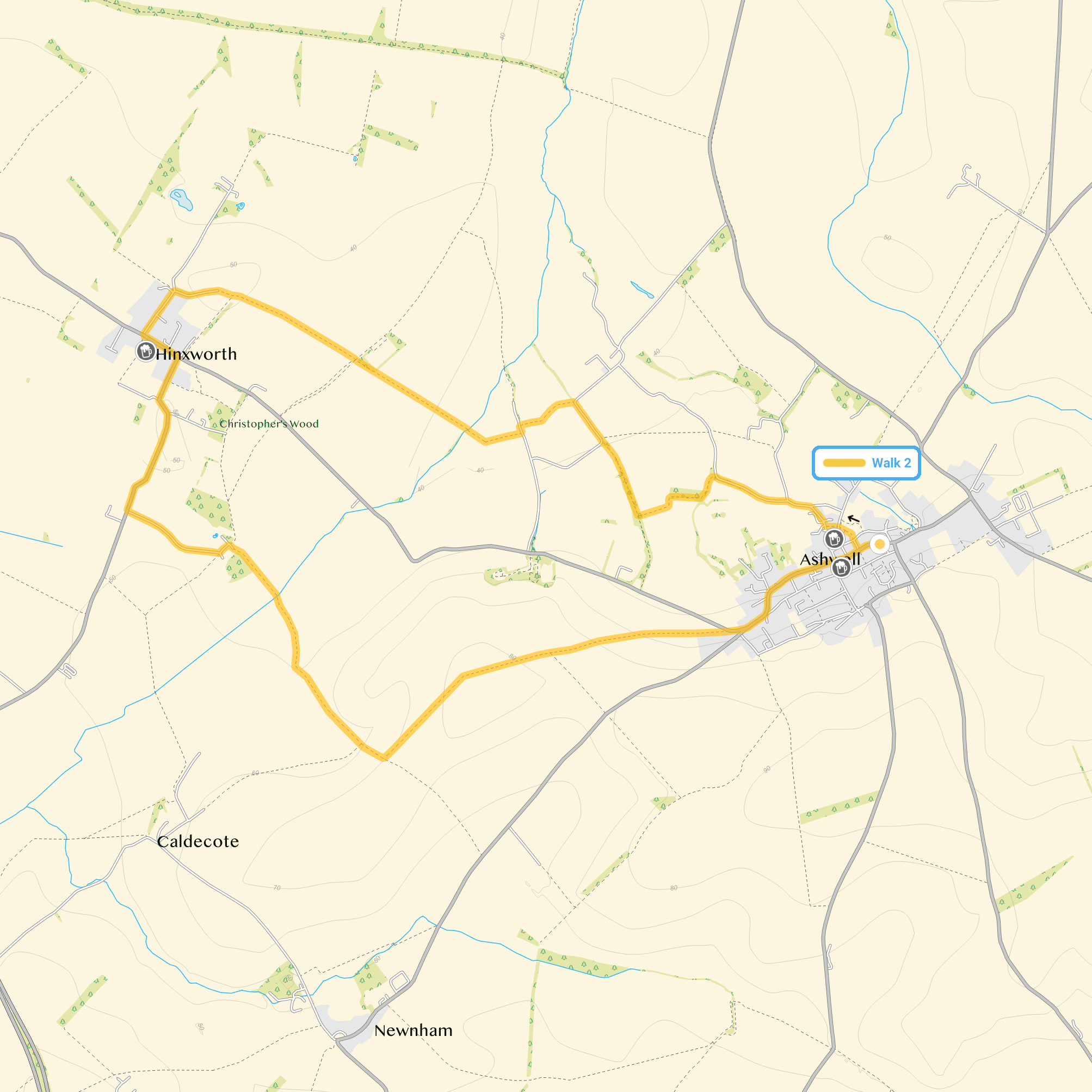 Route map for Ashwell Walk 2, a 6 mile circular walk in Hertfordshire