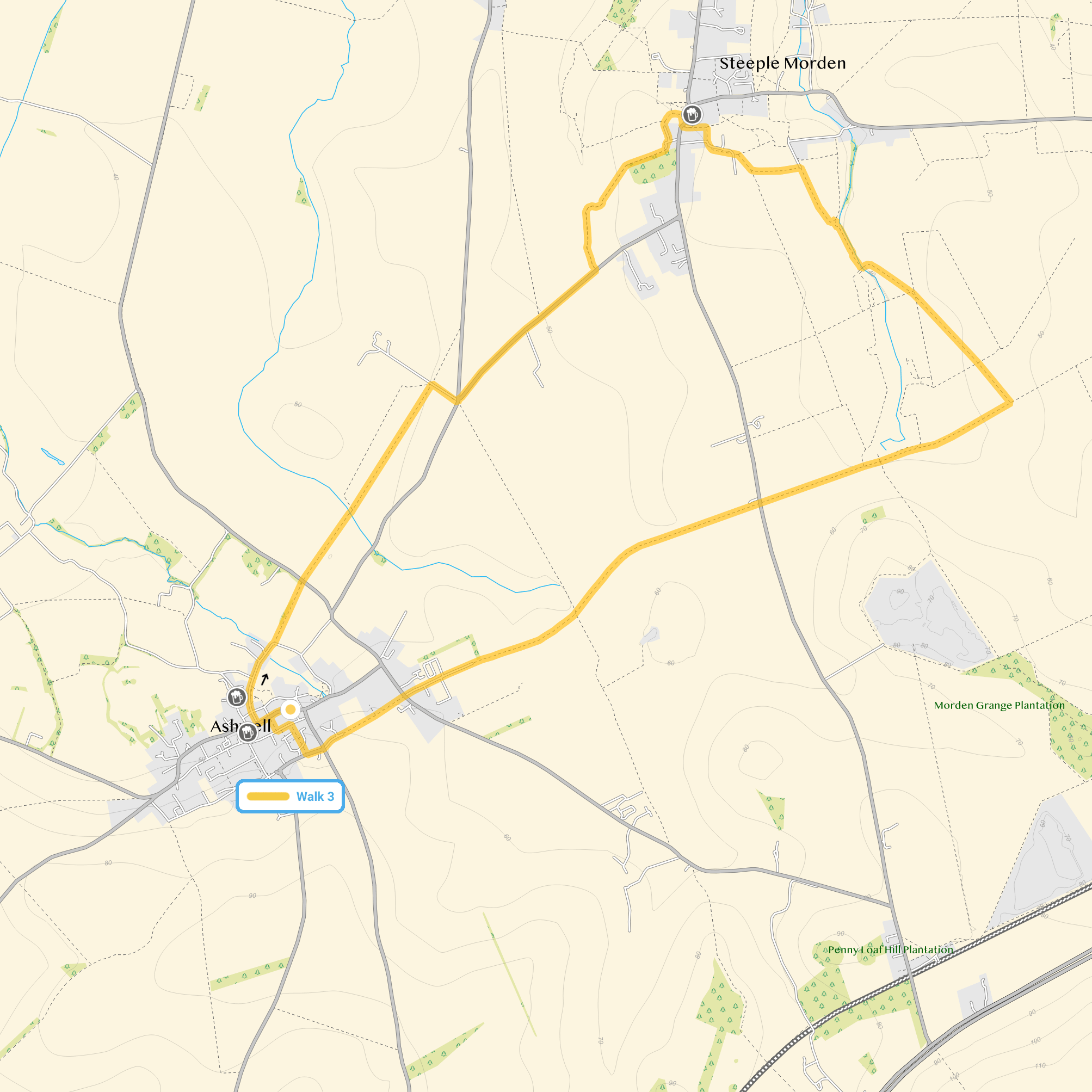 Route map for Ashwell Walk 3, a 6 mile circular walk in Hertfordshire
