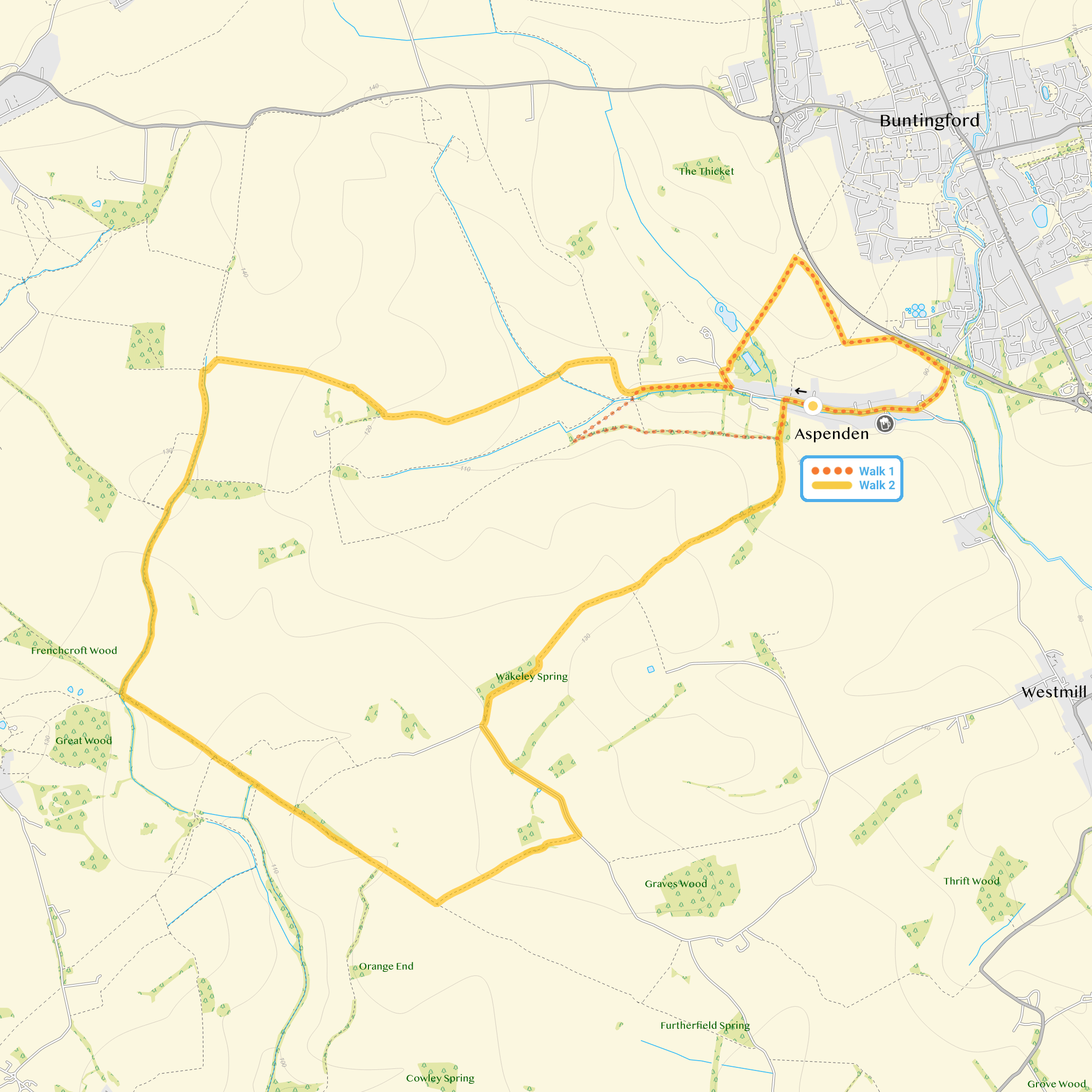 Route map for Aspenden Walk 1, a 2.5 mile circular walk in Hertfordshire