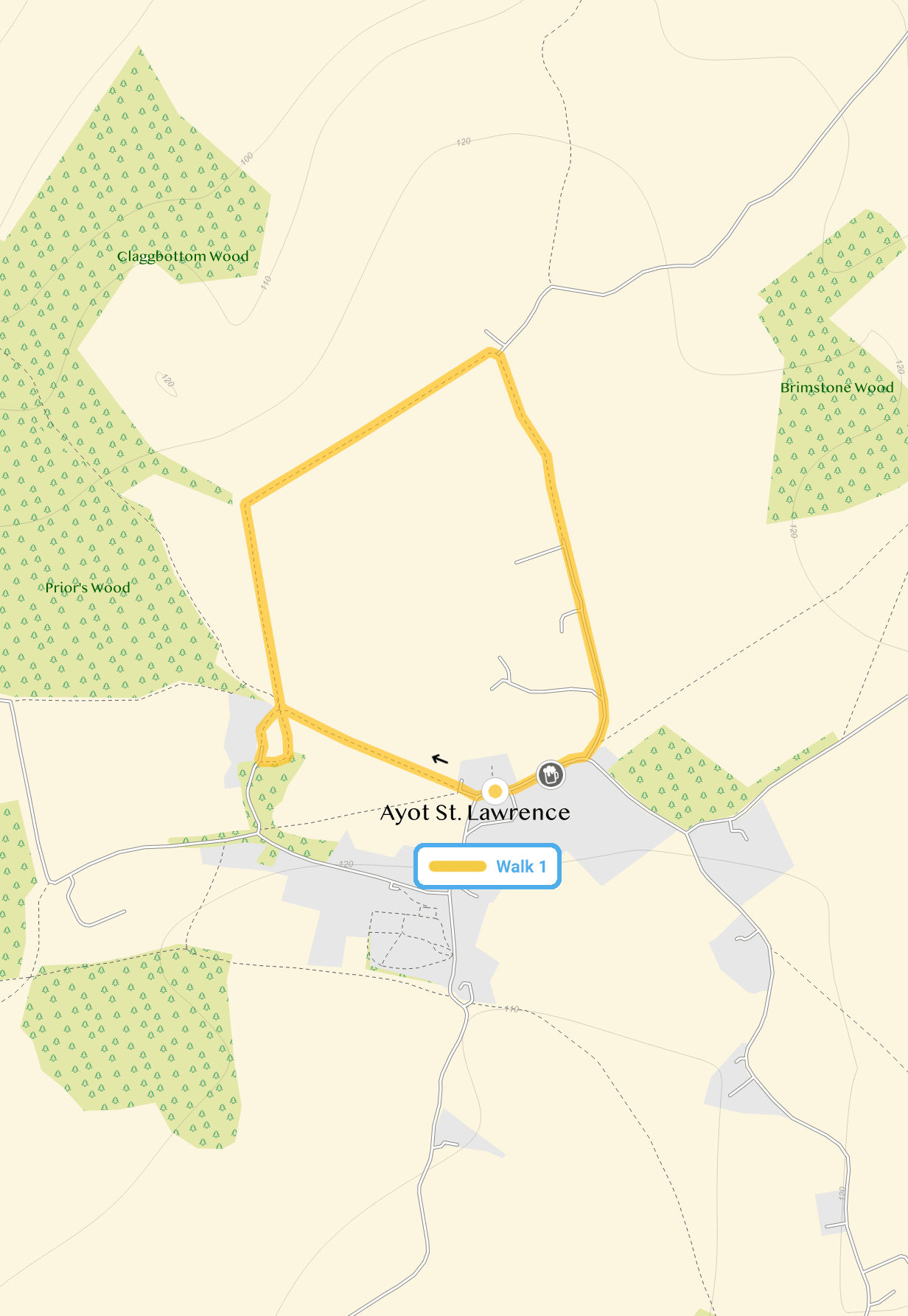 Route map for Ayot St Lawrence Walk 1, a 1.25 mile circular walk in Hertfordshire