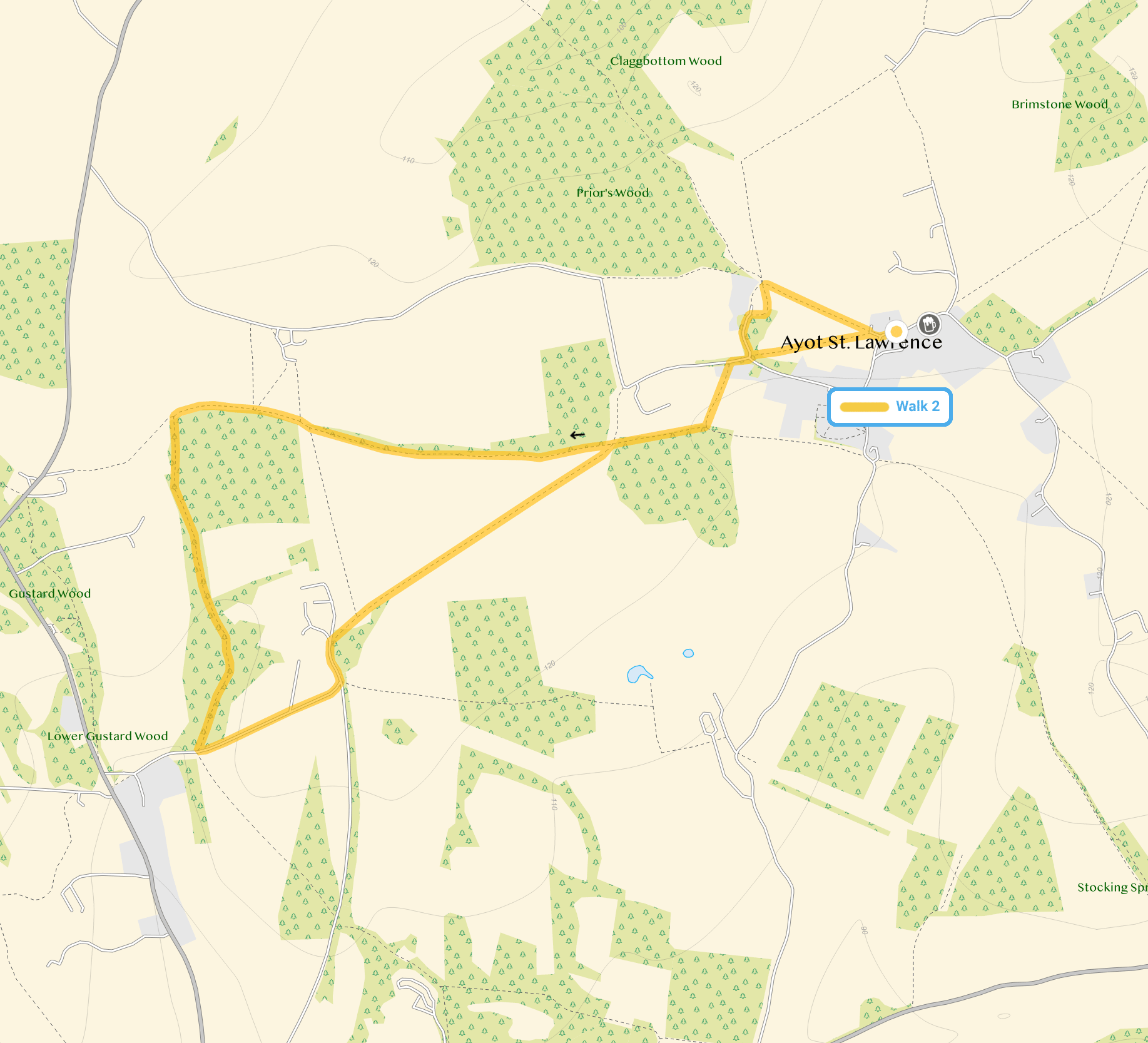 Route map for Ayot St Lawrence Walk 2, a 3 mile circular walk in Hertfordshire