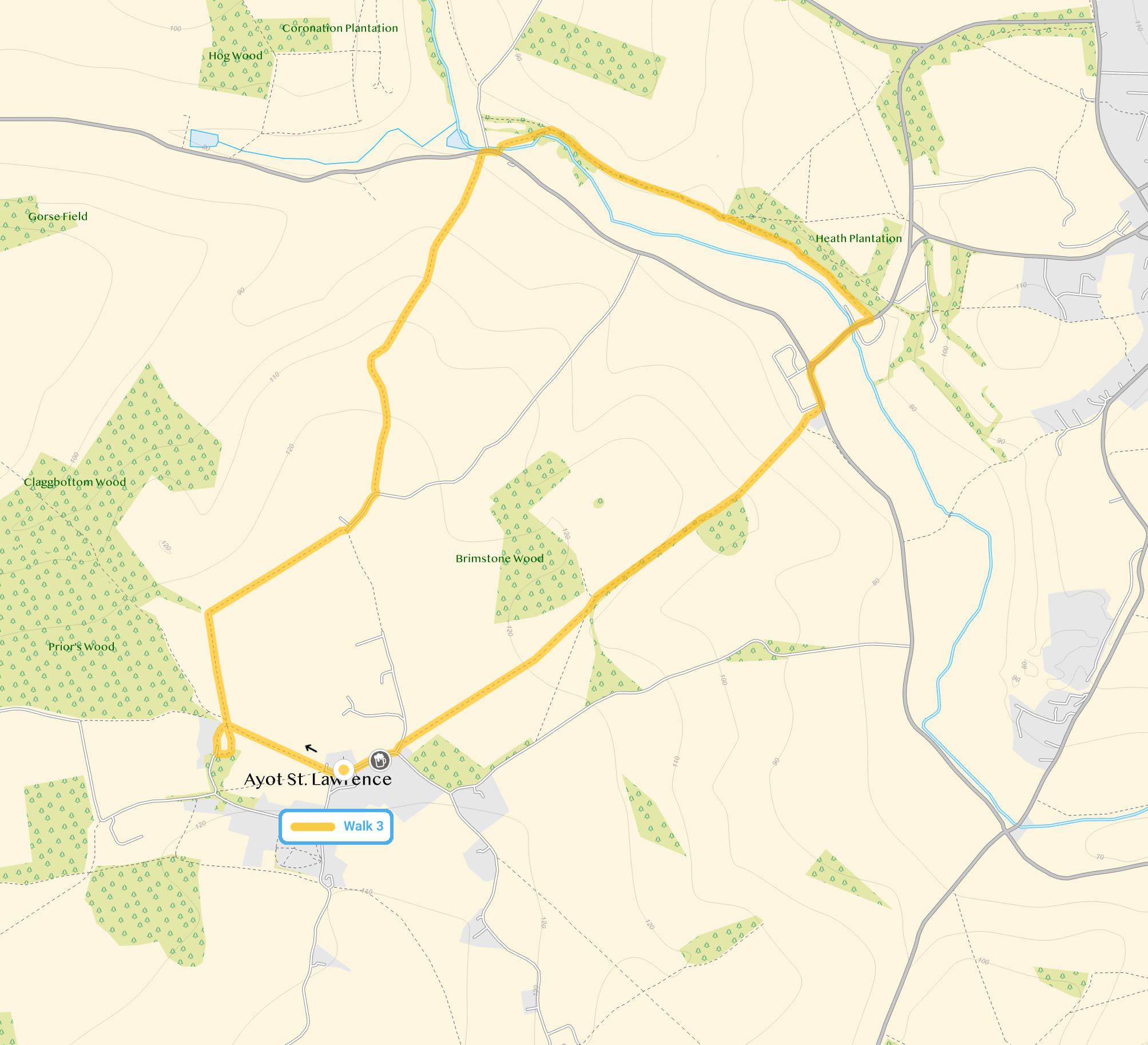 Route map for Ayot St Lawrence Walk 3, a 3.5 mile circular walk in Hertfordshire