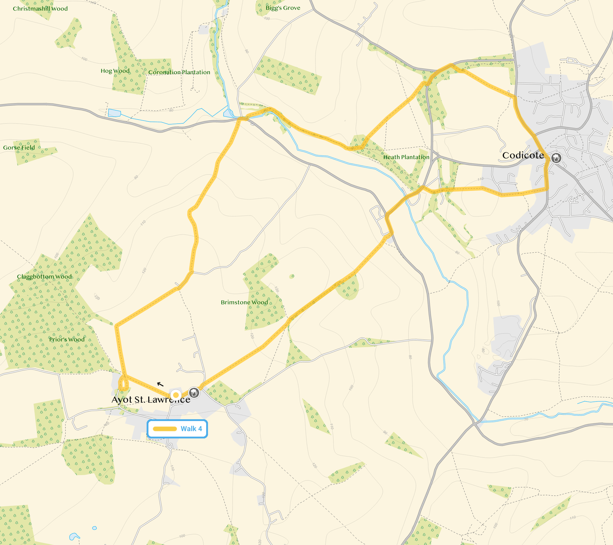 Route map for Ayot St Lawrence Walk 4, a 4.75 mile circular walk in Hertfordshire