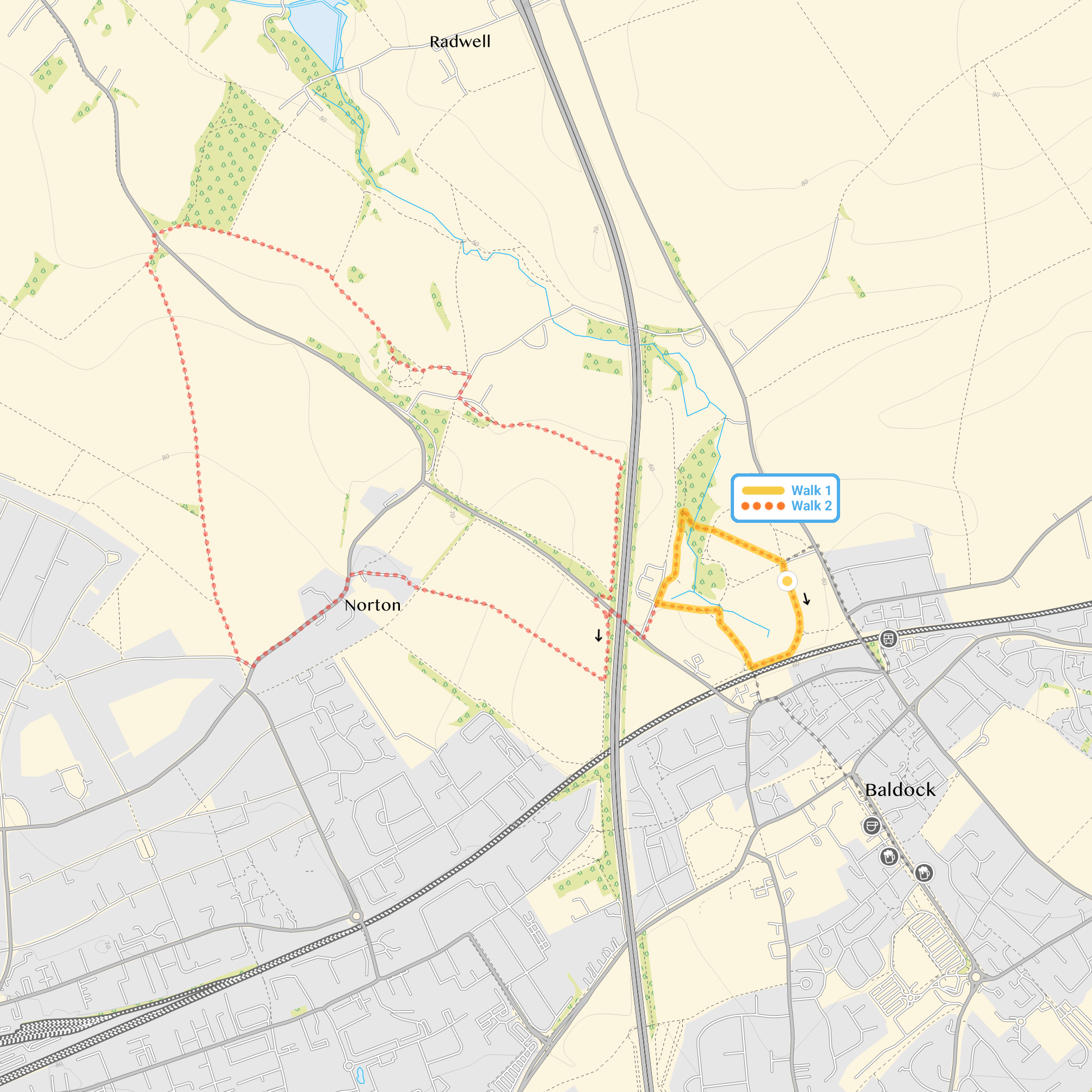 Route map for Baldock Walk 1, a 0.75 mile circular walk in Hertfordshire
