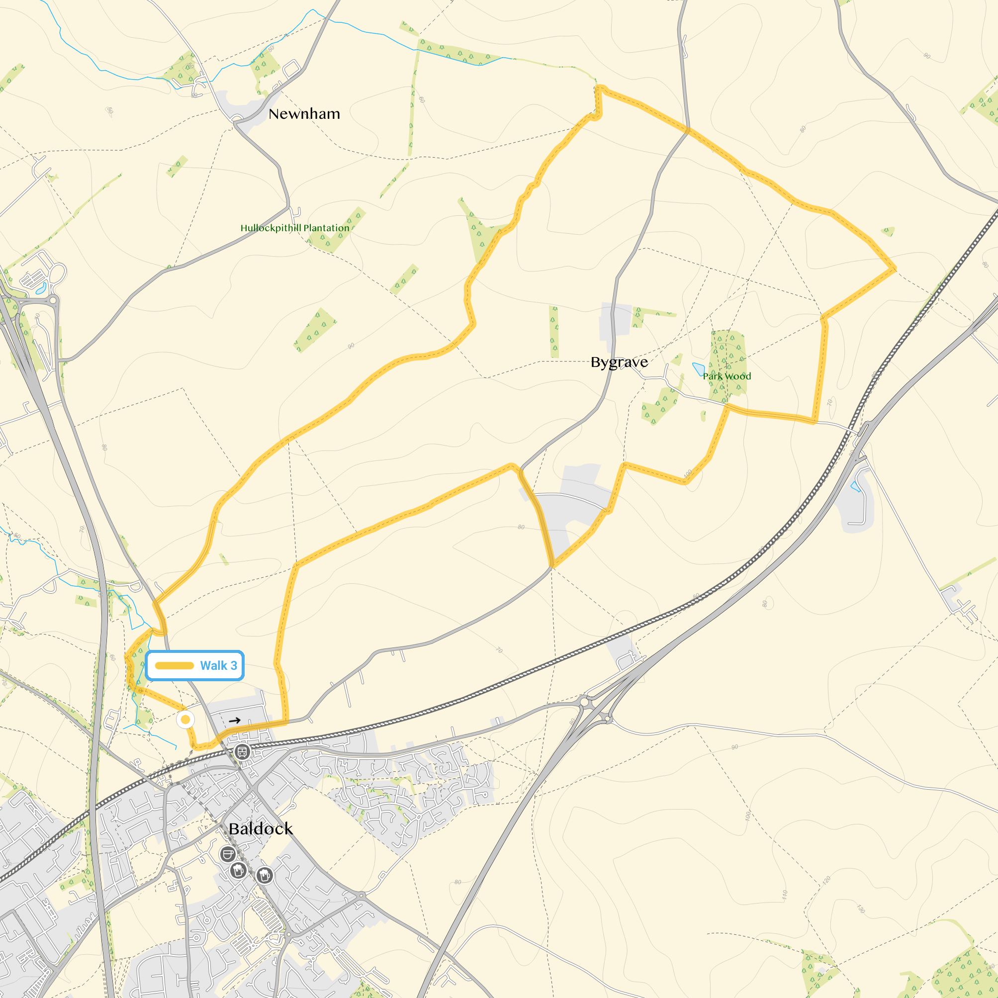 Route map for Baldock Walk 3, a 7.5 mile circular walk in Hertfordshire