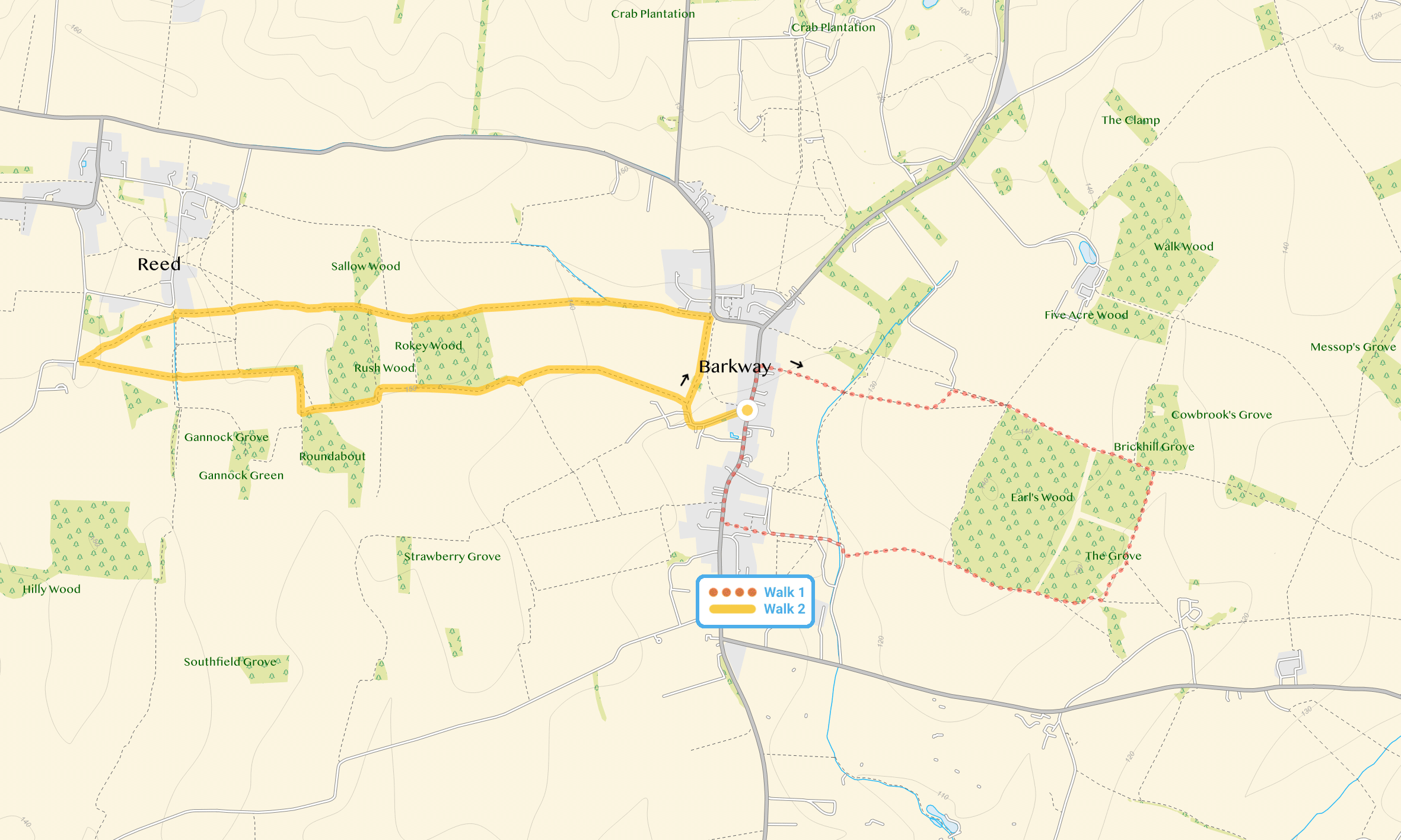 Route map for Barkway Walk 1, a 2.5 mile circular walk in Hertfordshire