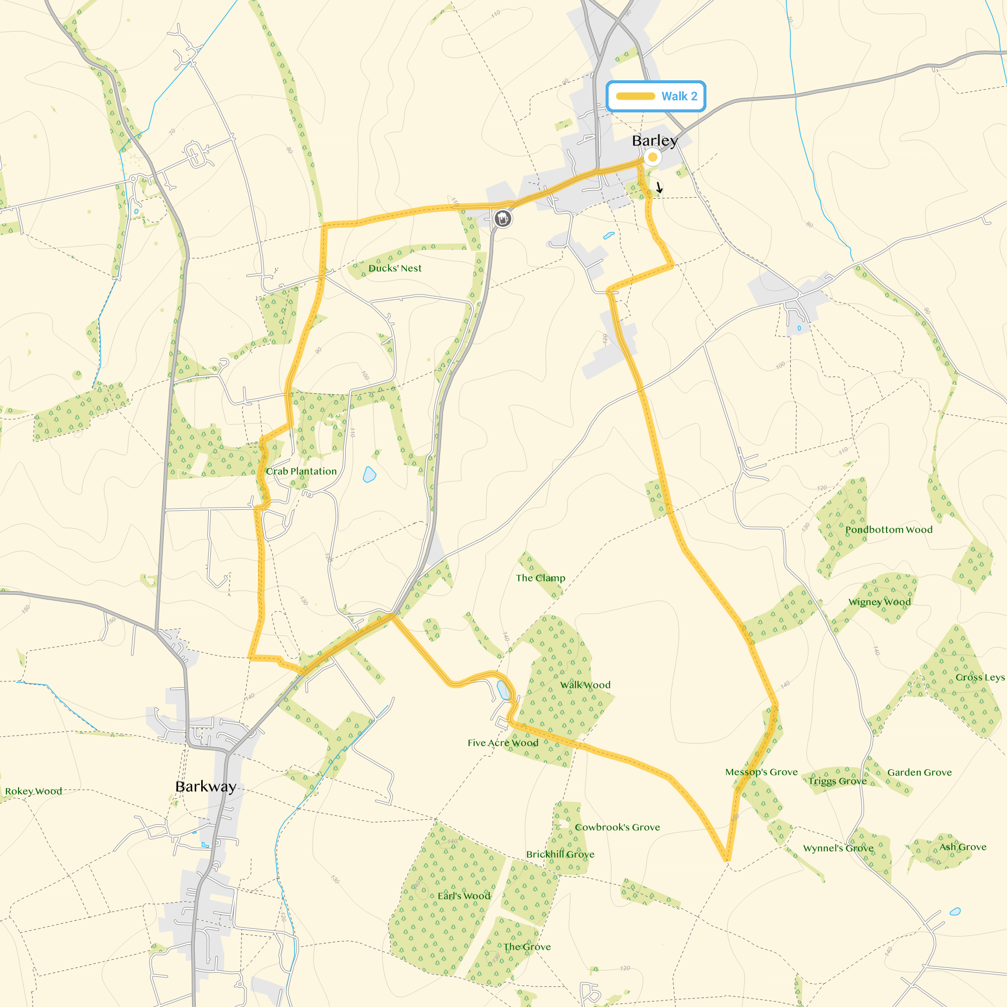 Route map for Barley Walk 1, a 5.75 mile circular walk in Hertfordshire