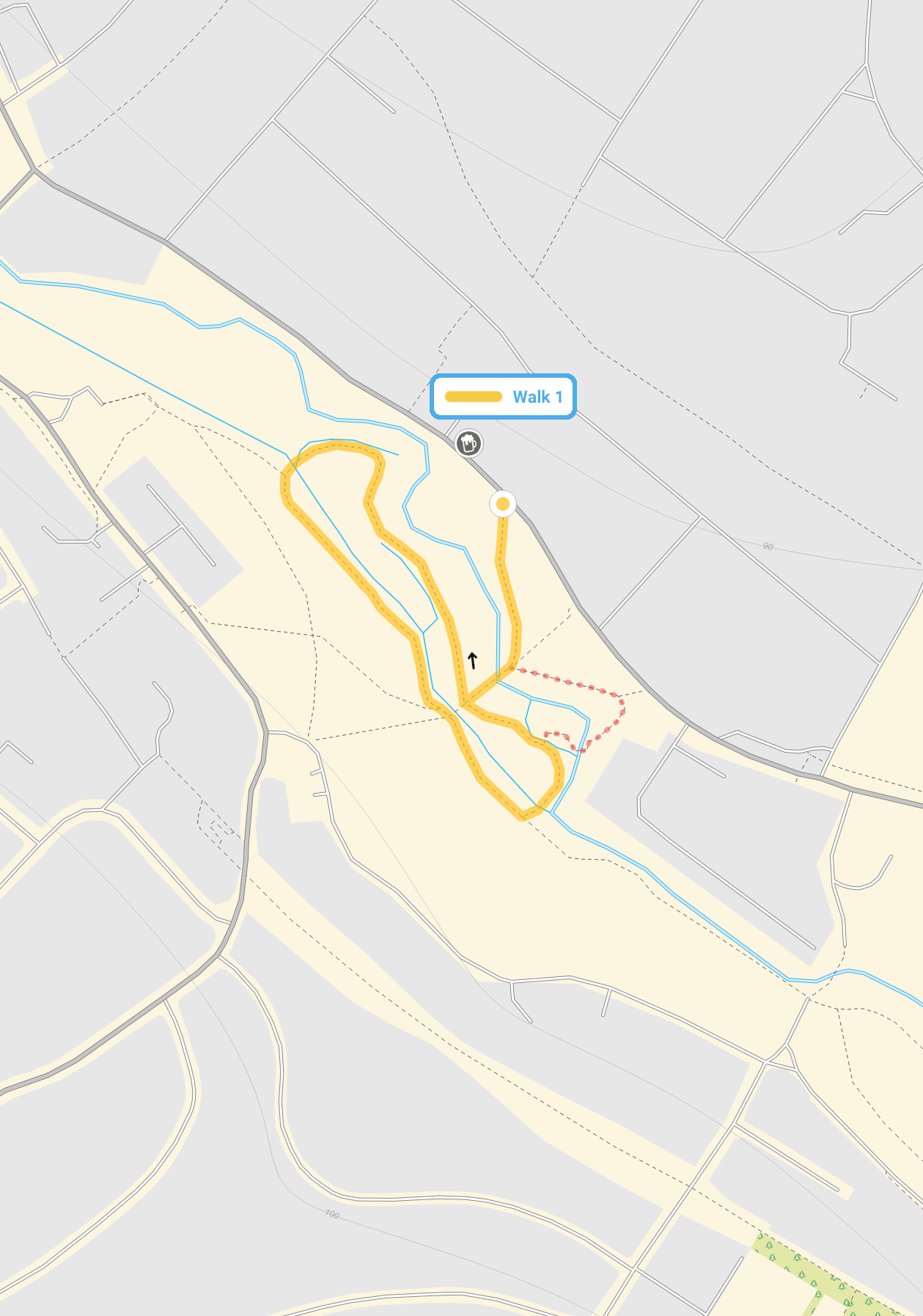 Route map for Batford Springs Walk 1, a 0.5 mile circular walk in Hertfordshire