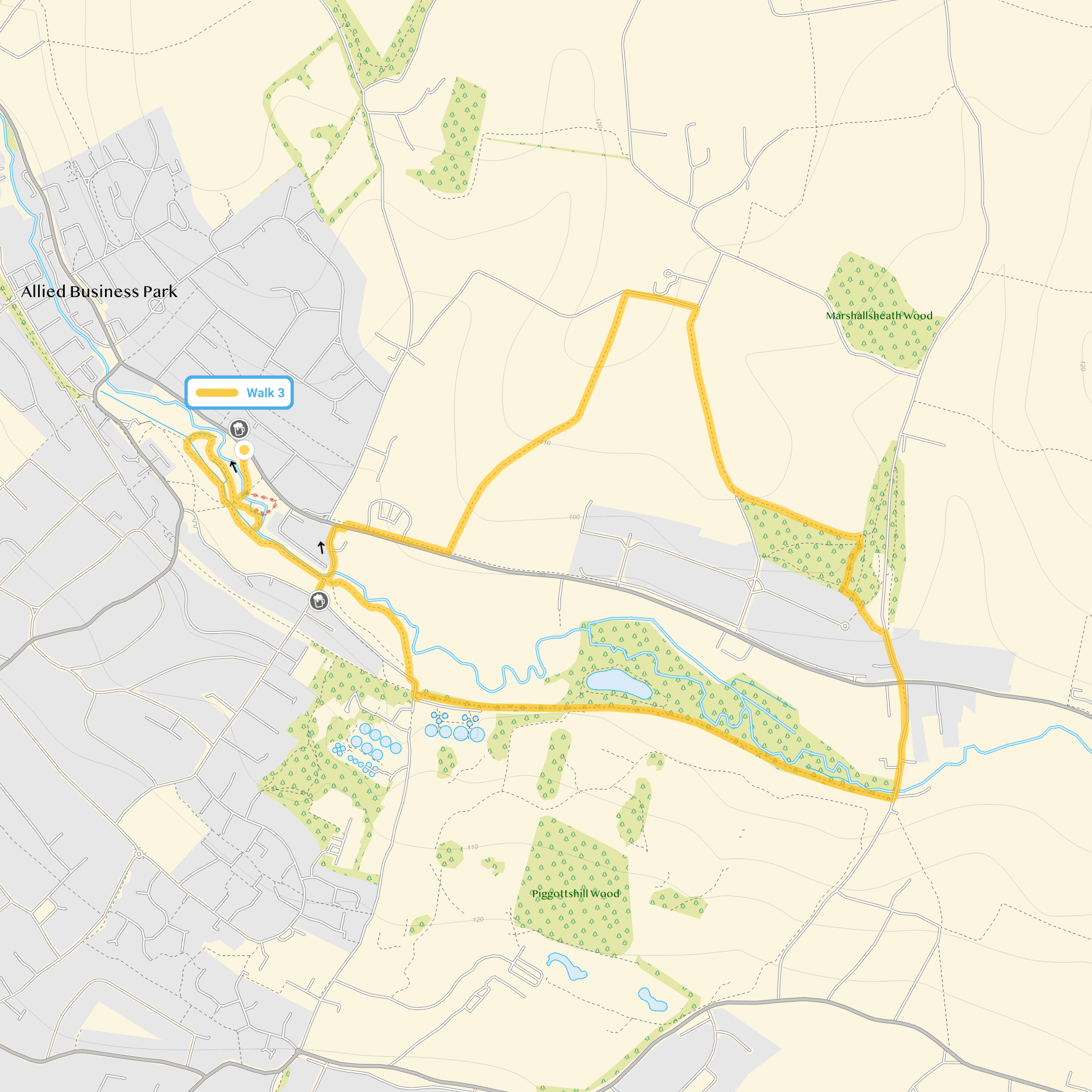 Route map for Batford Springs Walk 3, a 3.5 mile circular walk in Hertfordshire