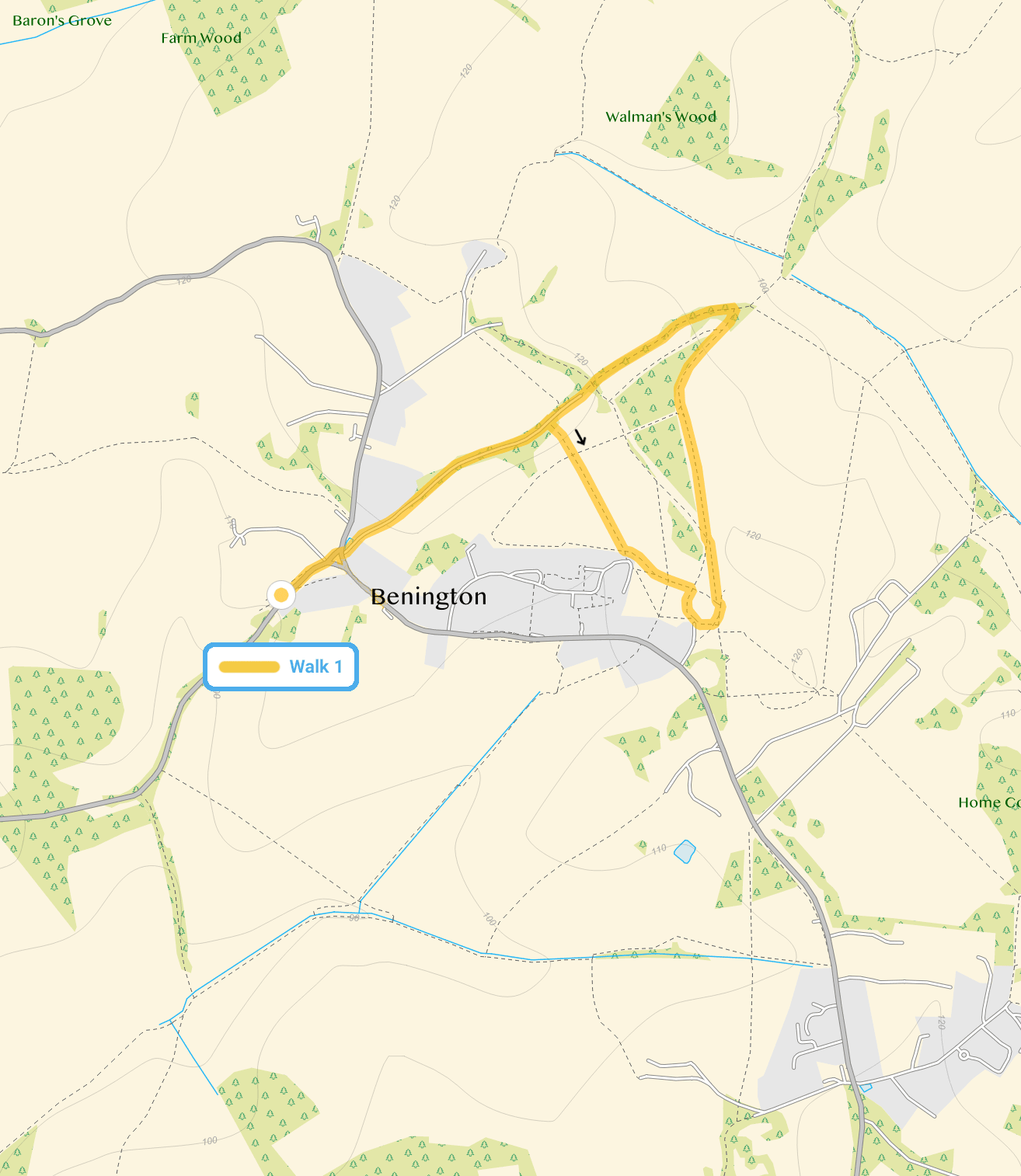 Route map for Benington Walk 1, a 1.75 mile circular walk in Hertfordshire