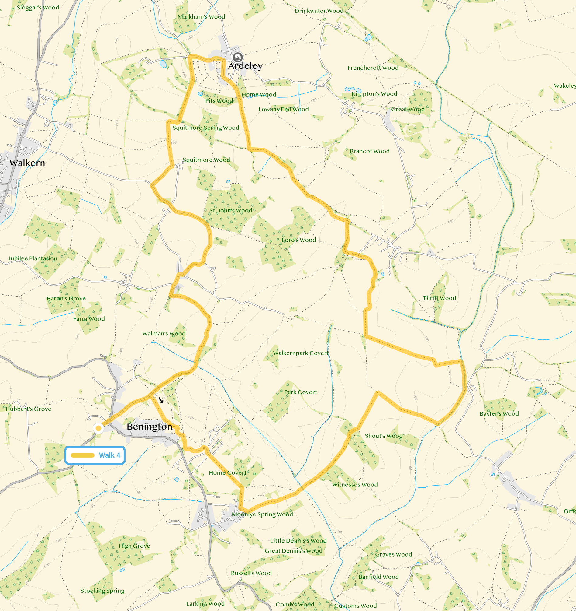 Route map for Benington Walk 4, a 9.75 mile circular walk in Hertfordshire