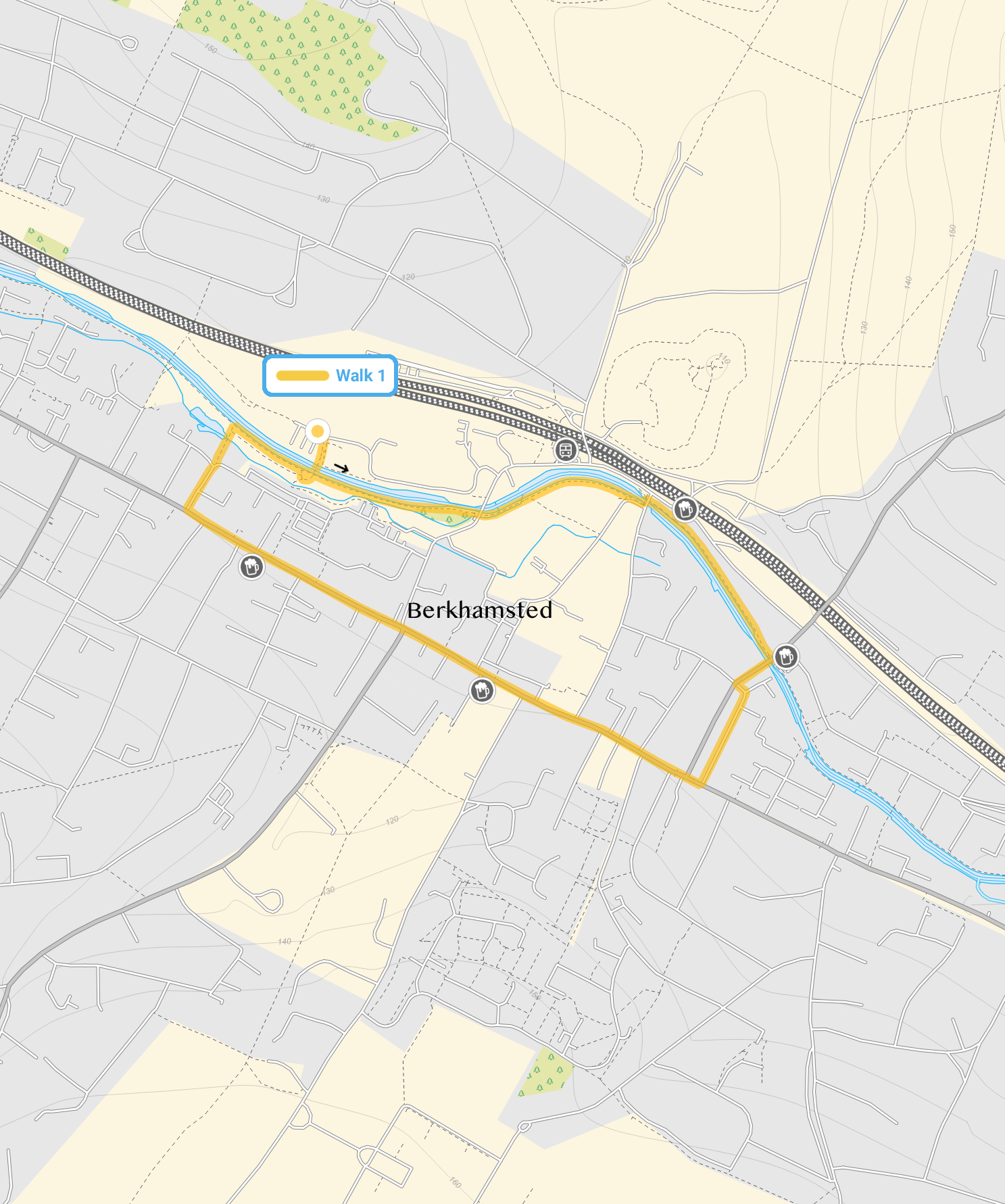 Route map for Berkhamsted Walk 1, a 1.5 mile circular walk in Hertfordshire