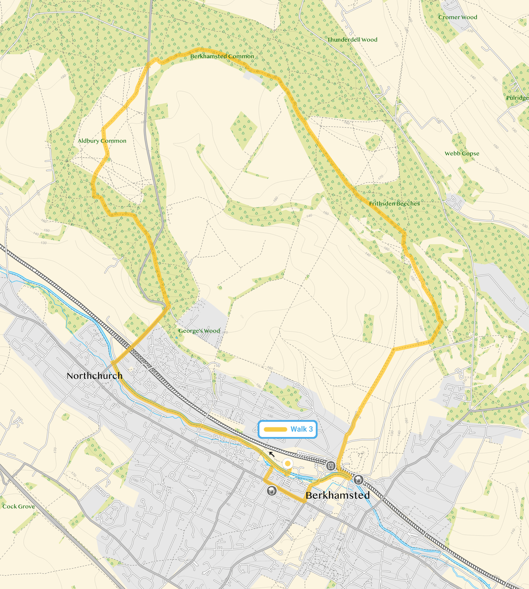 Route map for Berkhamsted Walk 3, an 8 mile circular walk in Hertfordshire