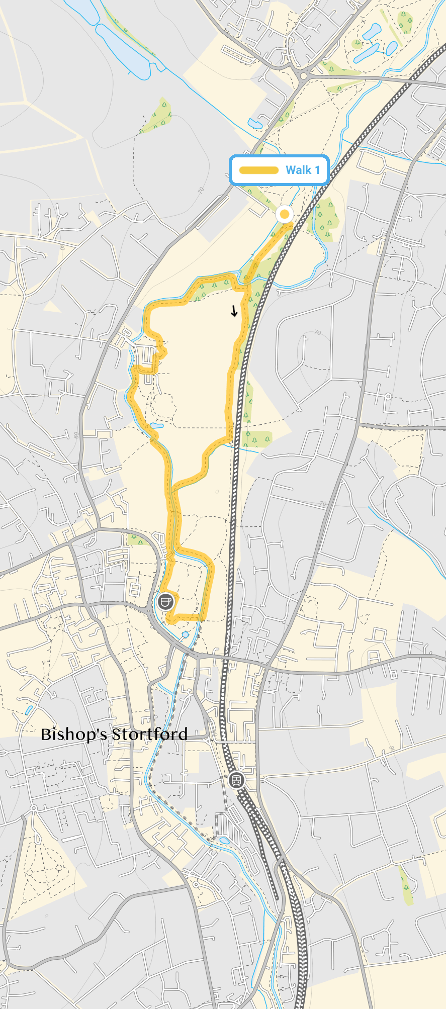 Route map for Bishops Stortford Walk 1, a 2 mile circular walk in Hertfordshire