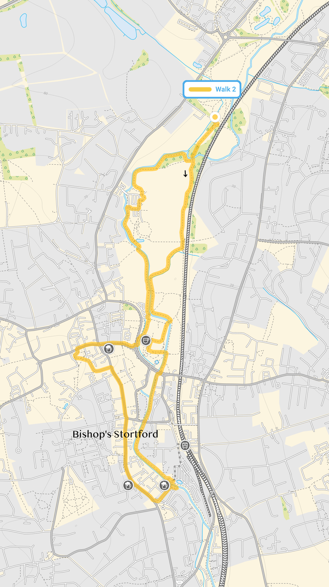 Route map for Bishops Stortford Walk 2, a 3.5 mile circular walk in Hertfordshire