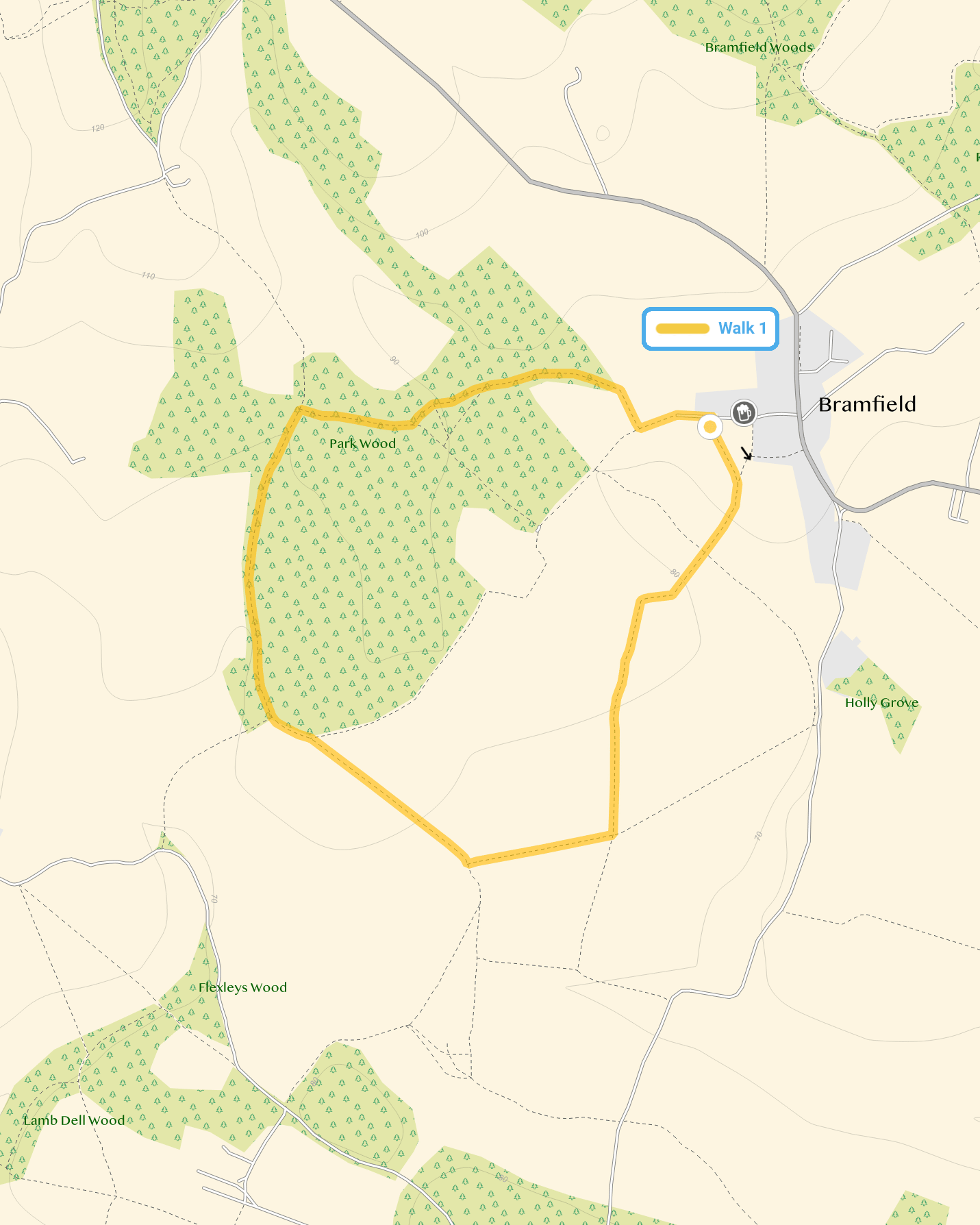 Route map for Bramfield Walk 1, a 2.25 mile circular walk in Hertfordshire