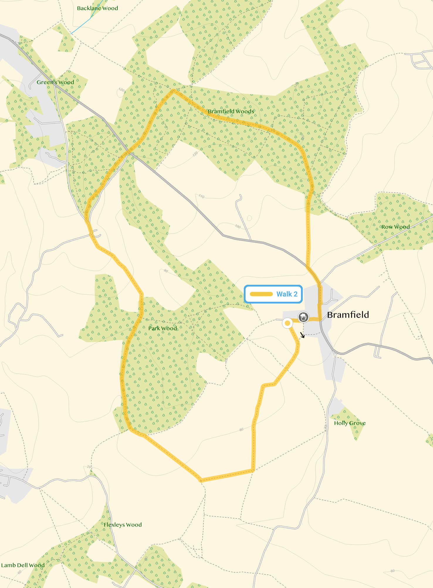 Route map for Bramfield Walk 2, a 4 mile circular walk in Hertfordshire