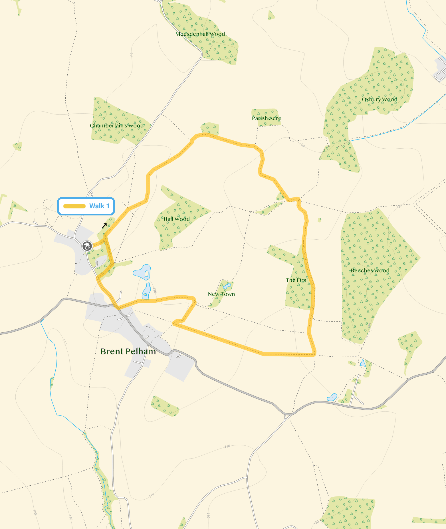 Route map for Brent Pelham Walk, a 2.75 mile circular walk in Hertfordshire