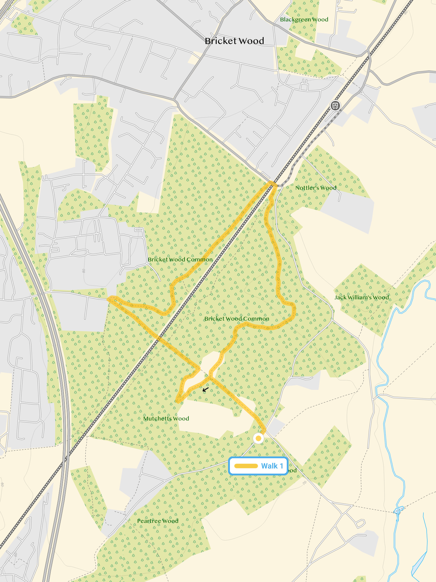 Route map for Bricket Wood Walk, a 2.25 mile circular walk in Hertfordshire