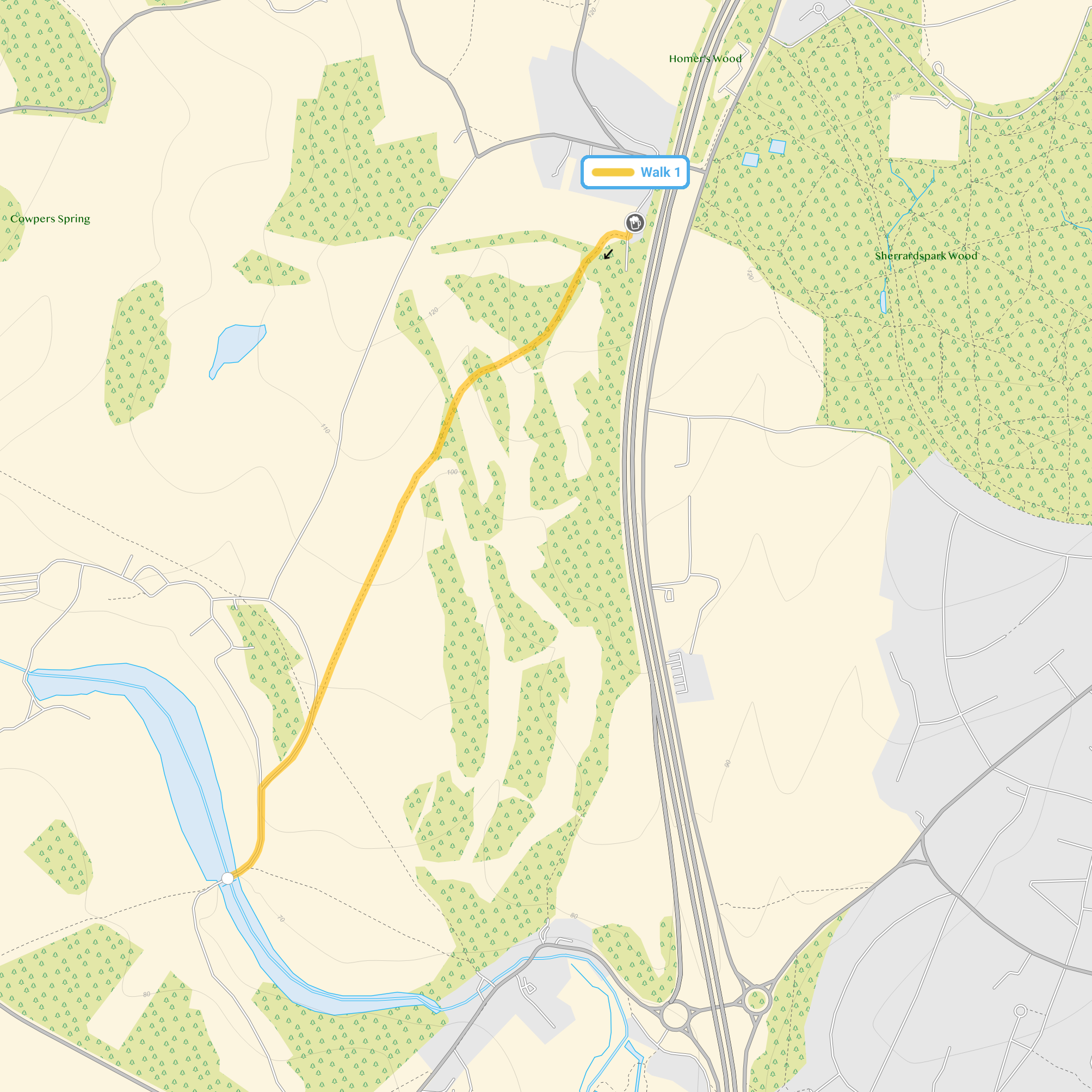 Route map for Short walk to Brocket Hall Bridge, a 1.75 mile circular walk in Hertfordshire